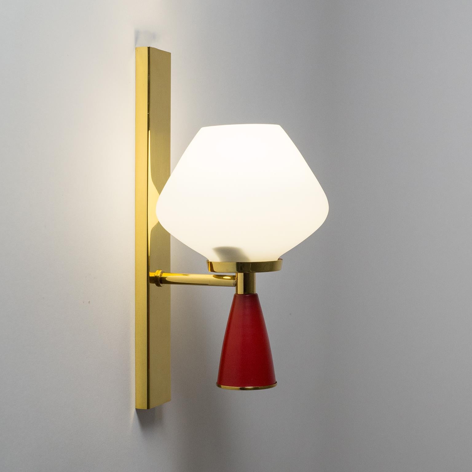 Mid-20th Century Italian Satin Glass Sconces, 1950s, Brass and Red