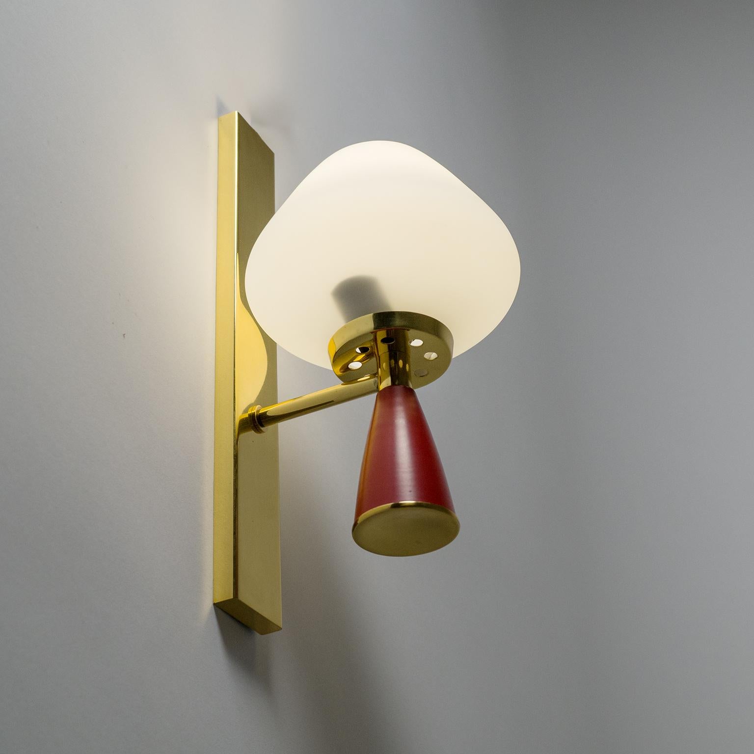 Aluminum Italian Satin Glass Sconces, 1950s, Brass and Red