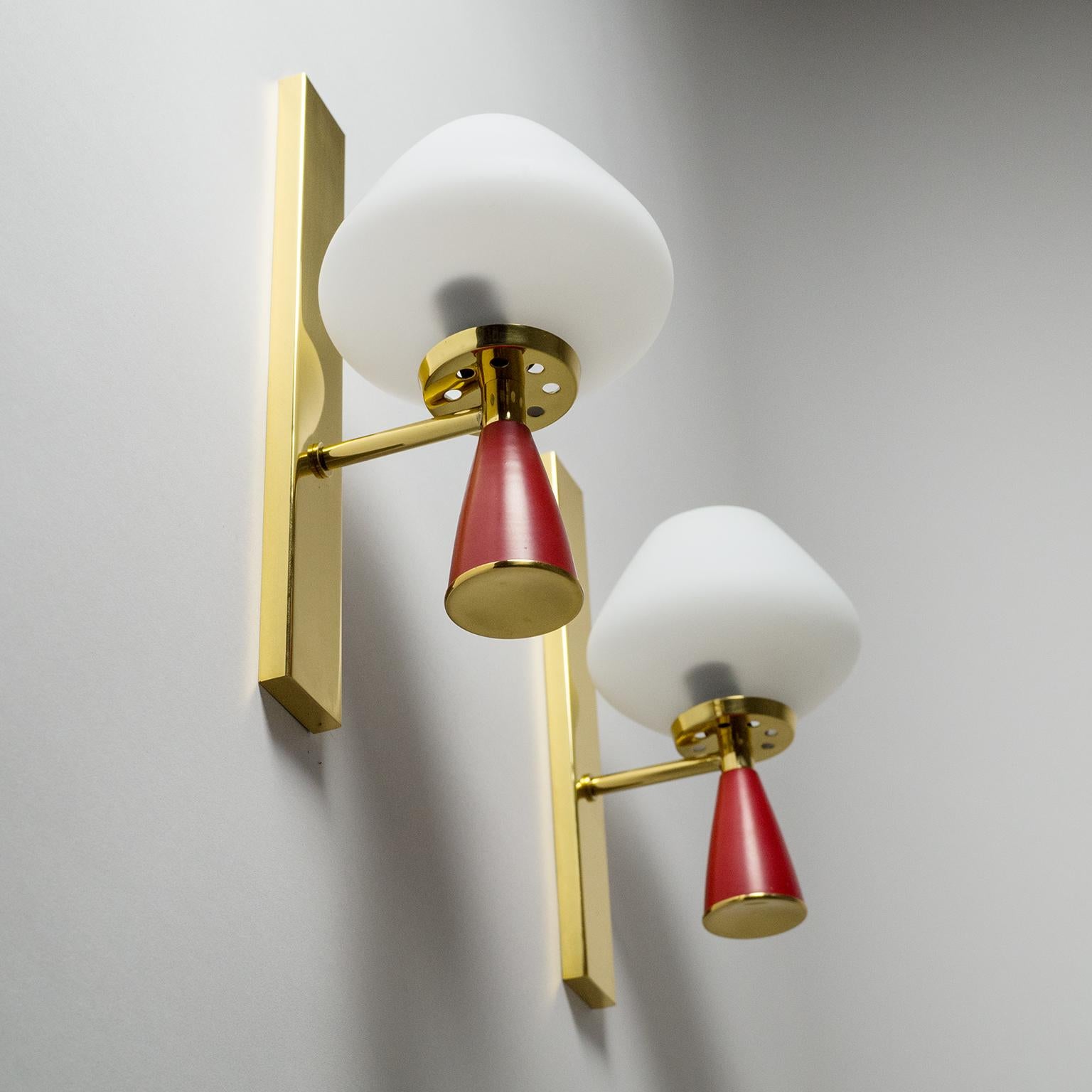 Italian Satin Glass Sconces, 1950s, Brass and Red 1