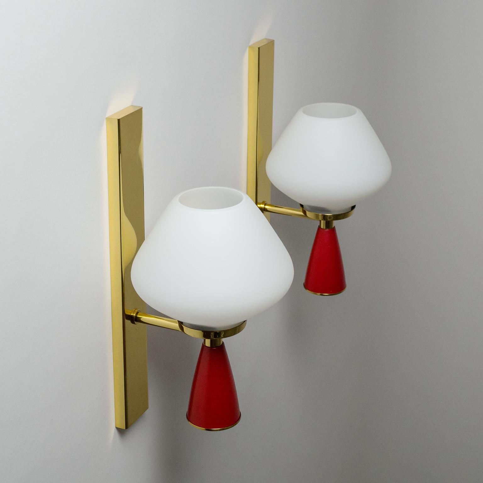 Italian Satin Glass Sconces, 1950s, Brass and Red 2