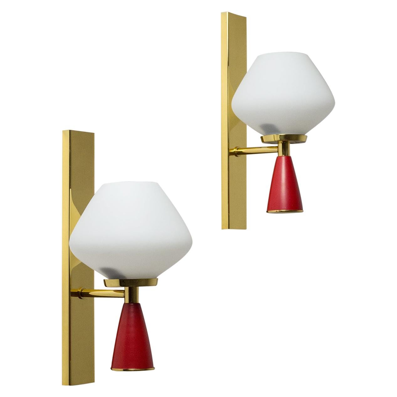 Italian Satin Glass Sconces, 1950s, Brass and Red