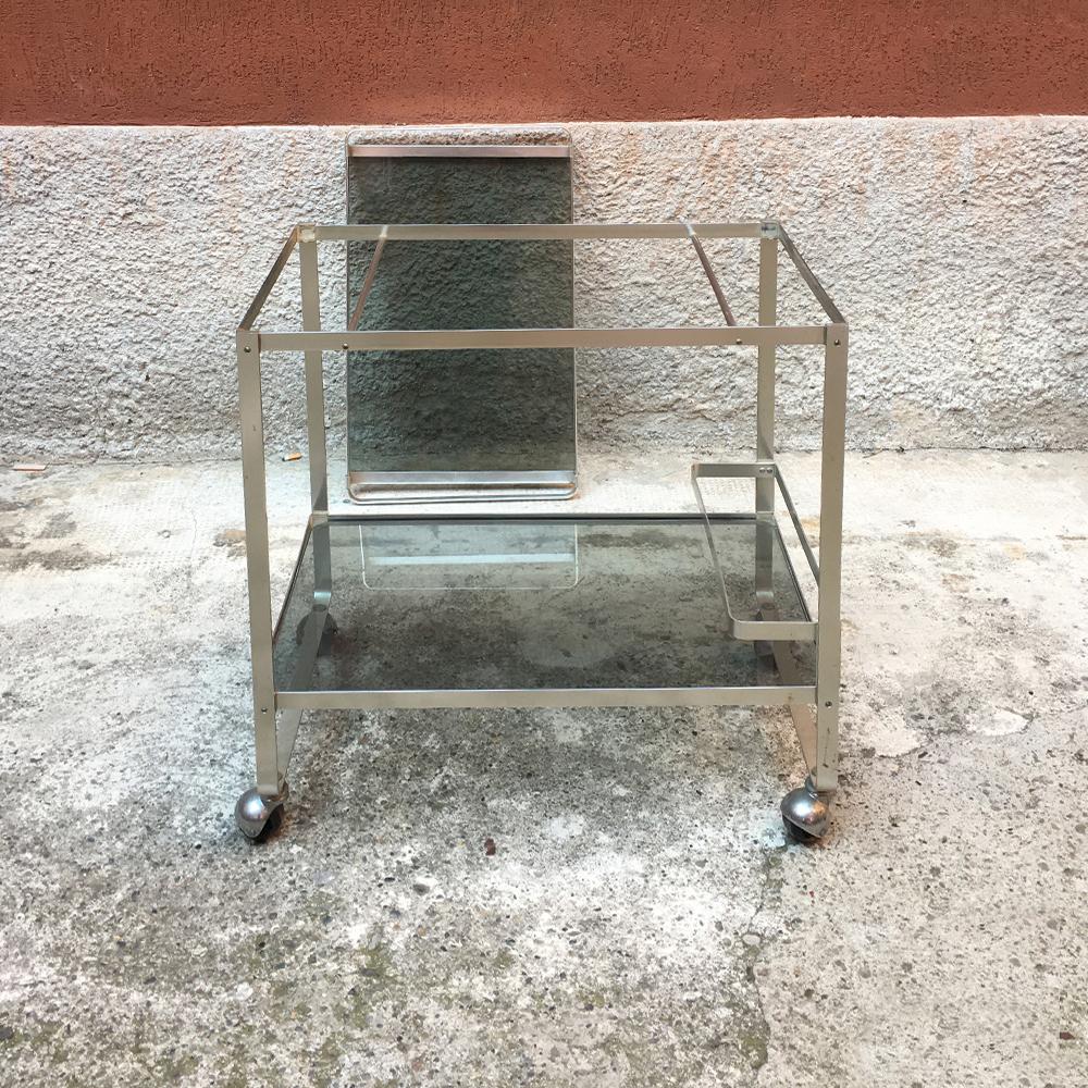 Mid-Century Modern Italian Satin Steel and Smoked Glass Bar Trolley with Bottle Holder, 1970s