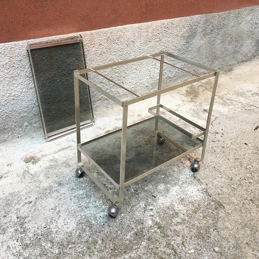 Italian Satin Steel and Smoked Glass Bar Trolley with Bottle Holder, 1970s In Good Condition In MIlano, IT