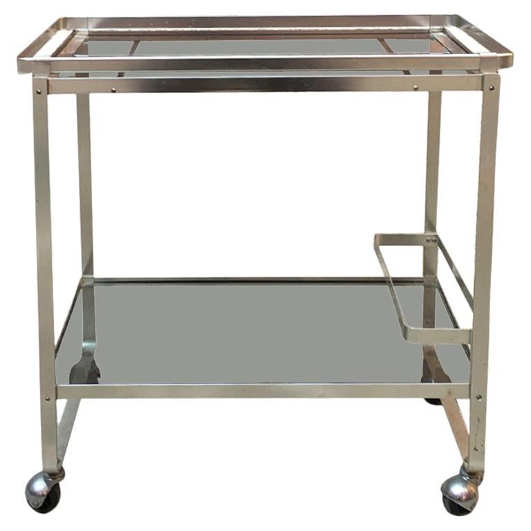 Italian Satin Steel and Smoked Glass Bar Trolley with Bottle Holder, 1970s