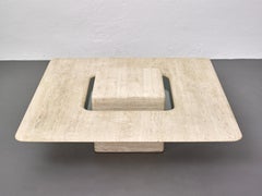 Italian "Saturn" Cream White Travertine Square Coffee Table with Floating Top