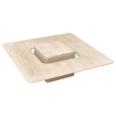 Italian "Saturn" Cream White Travertine Square Coffee Table with Floating Top