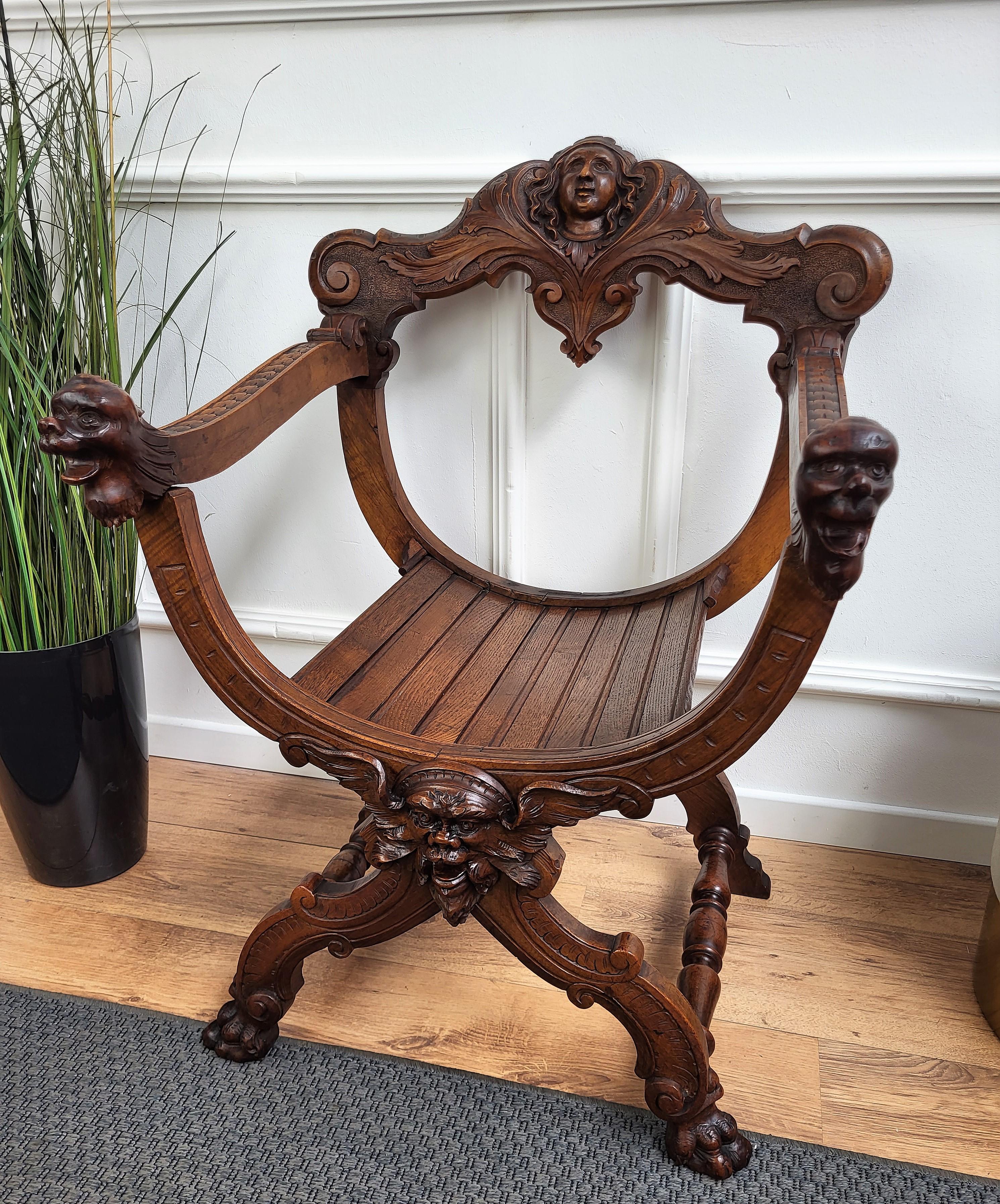 Renaissance Italian Savonarola Chair in Amazingly Carved Walnut For Sale