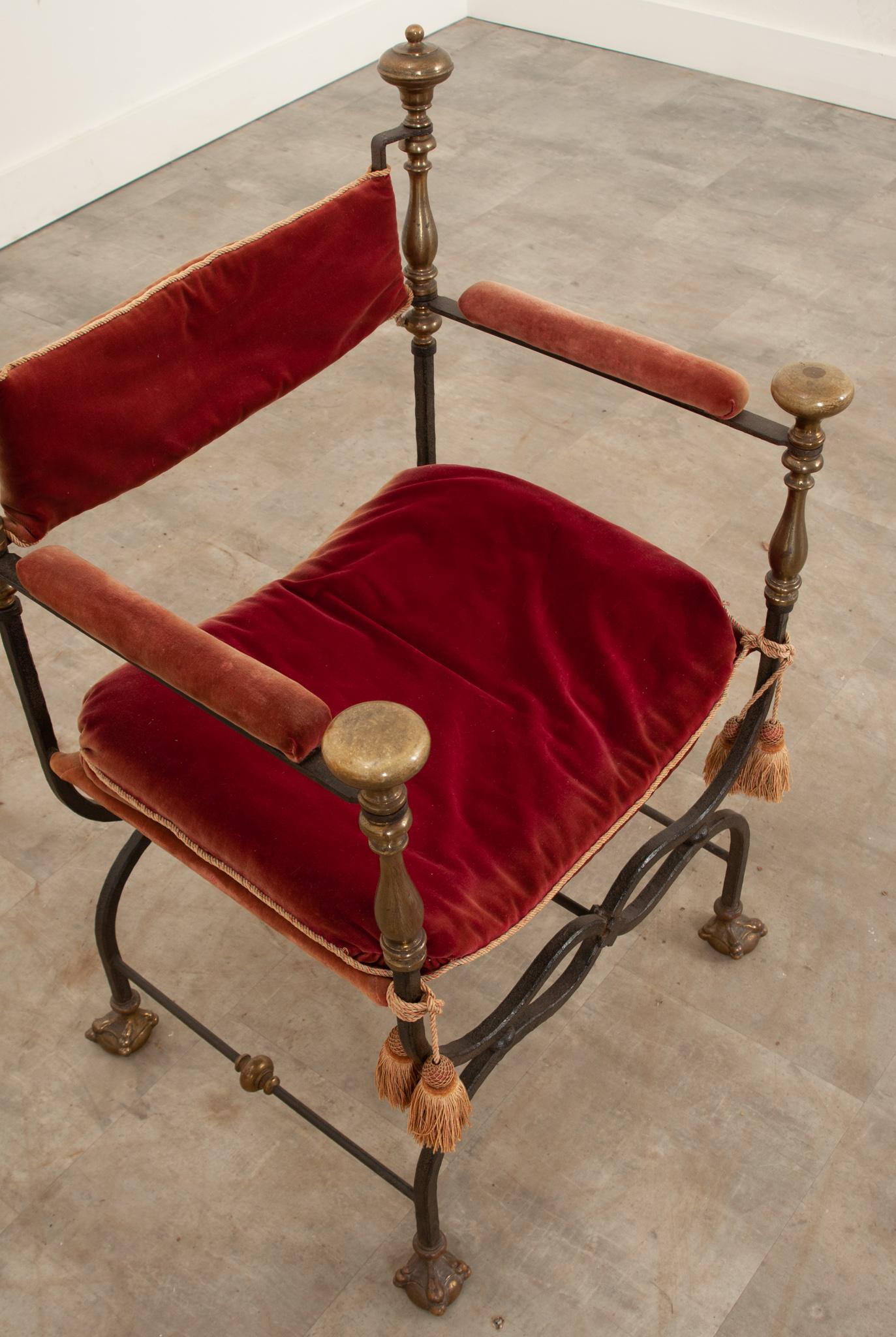 Cast Italian Savonarole Chair in Red Velvet For Sale
