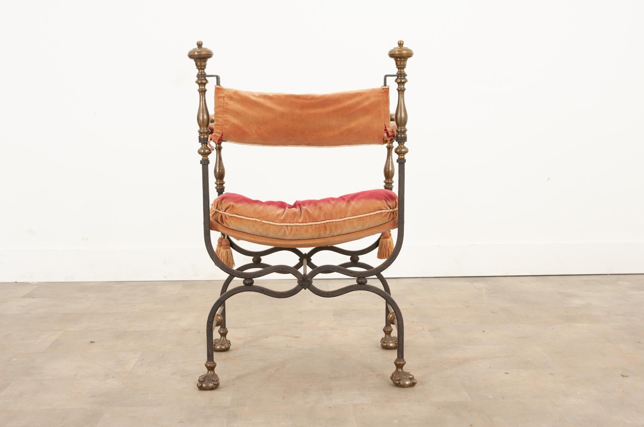 Metal Italian Savonarole Chair in Red Velvet For Sale