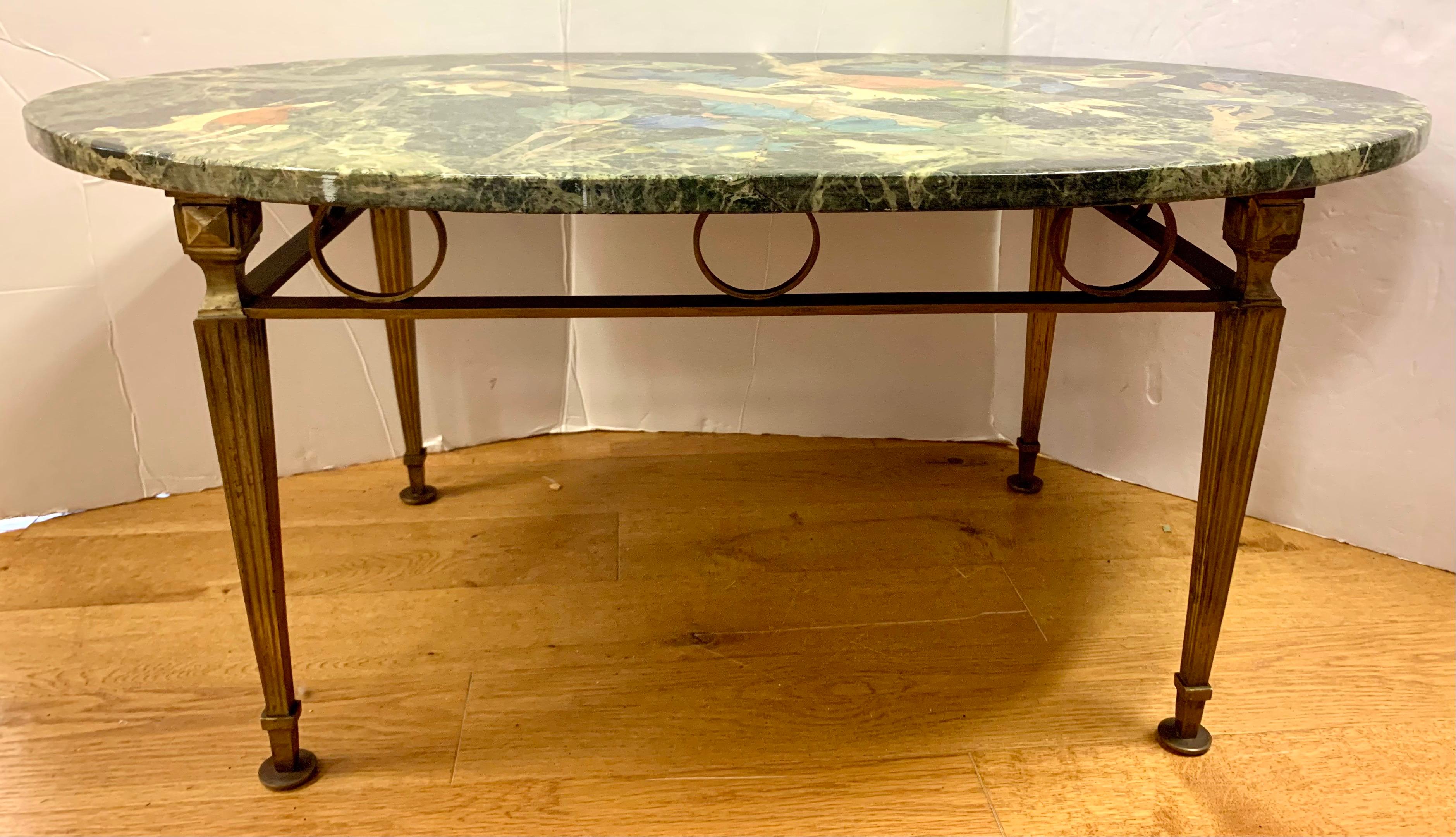 Hand-Painted Italian Scagliola Hand Painted Marble Top and Bronze Coffee Table