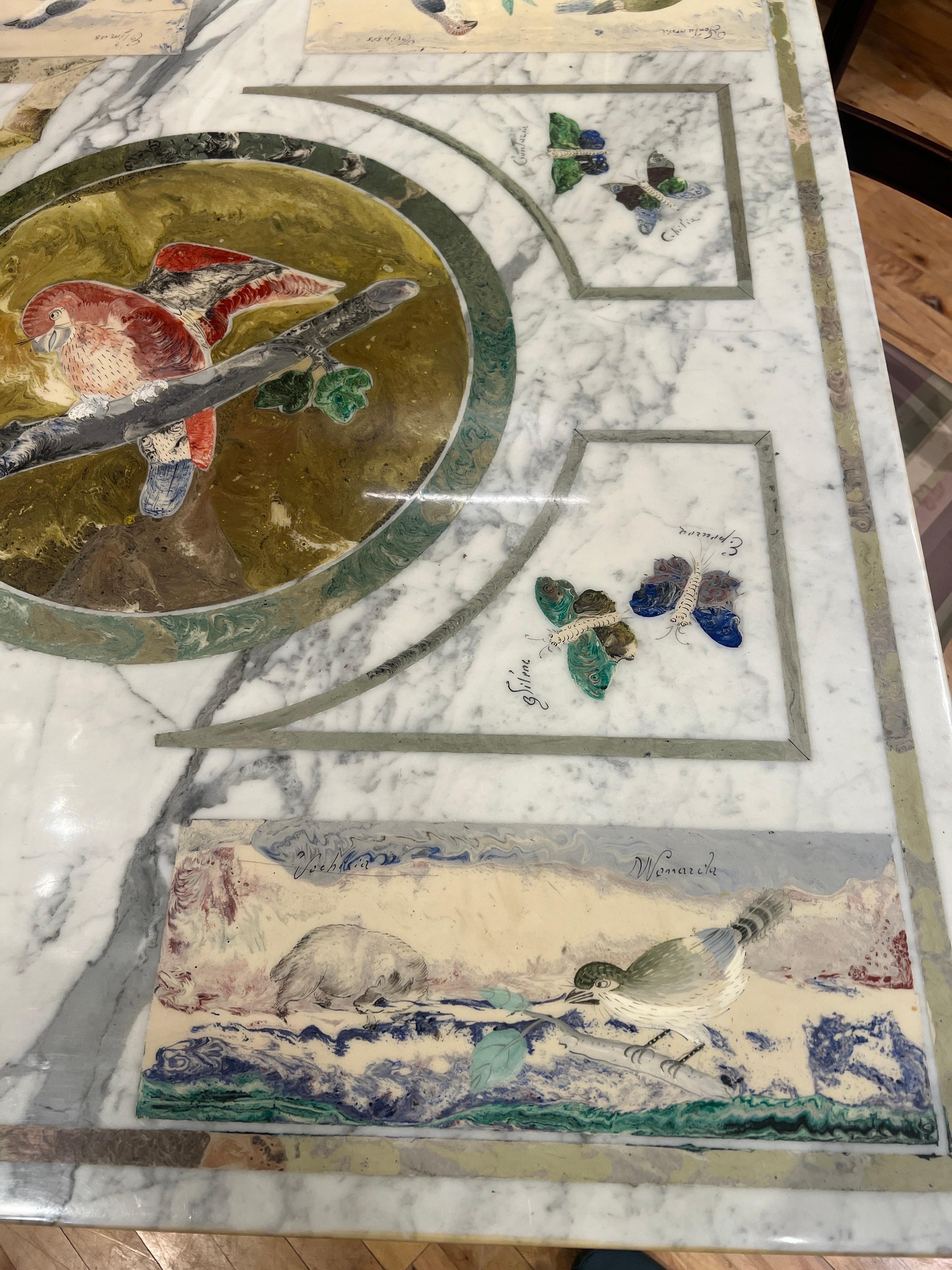 Carrara Marble Italian Scagliola Marble Specimen Decorated Dining Table On Ming Style Base For Sale