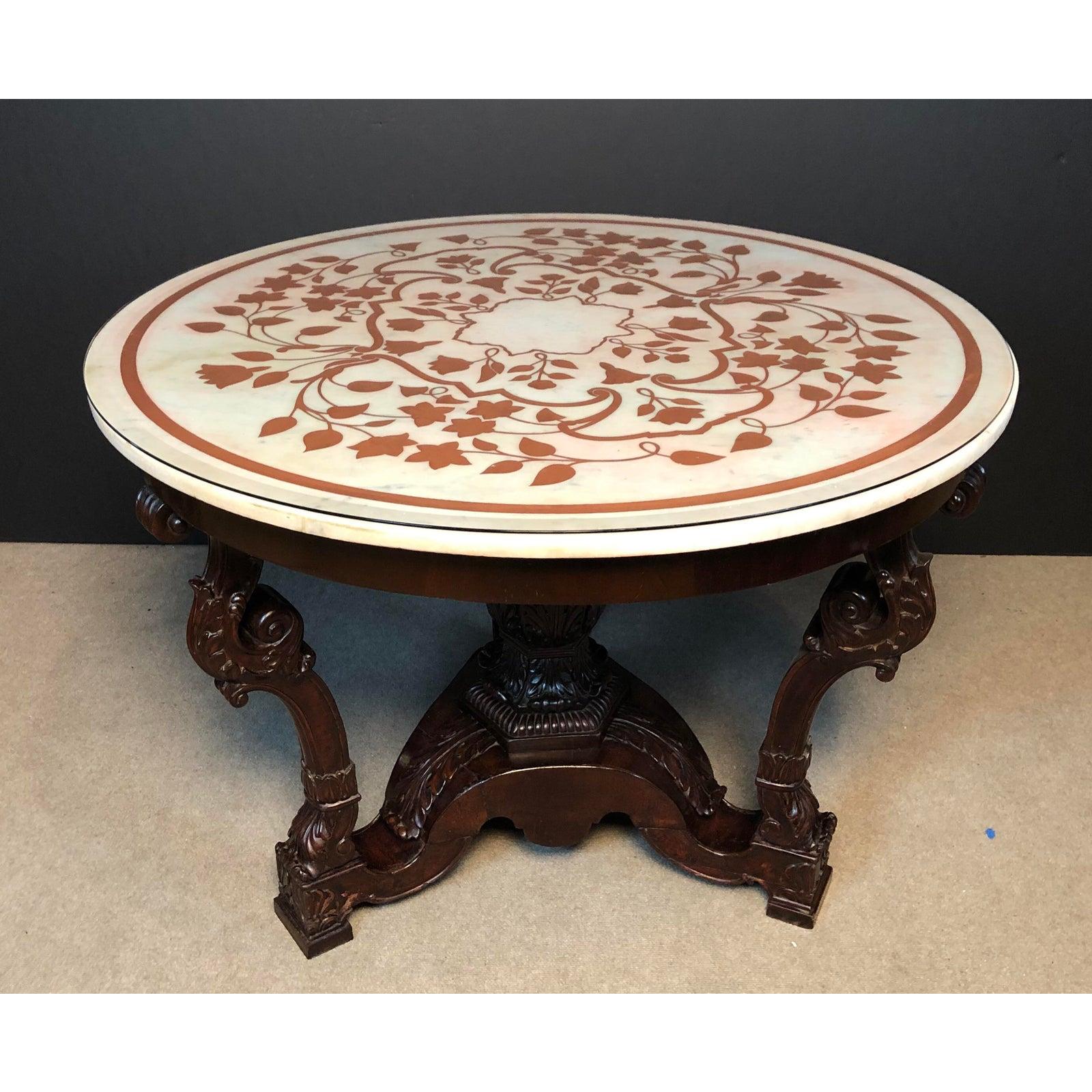 Mid-19th Century Italian Scagliola White Marble-Top Carved Wood Center Table, 19th Century 