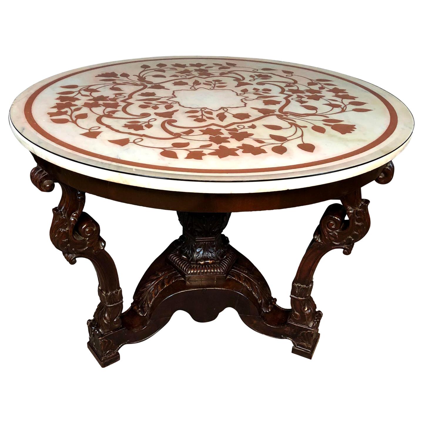 Italian Scagliola White Marble-Top Carved Wood Center Table, 19th Century 