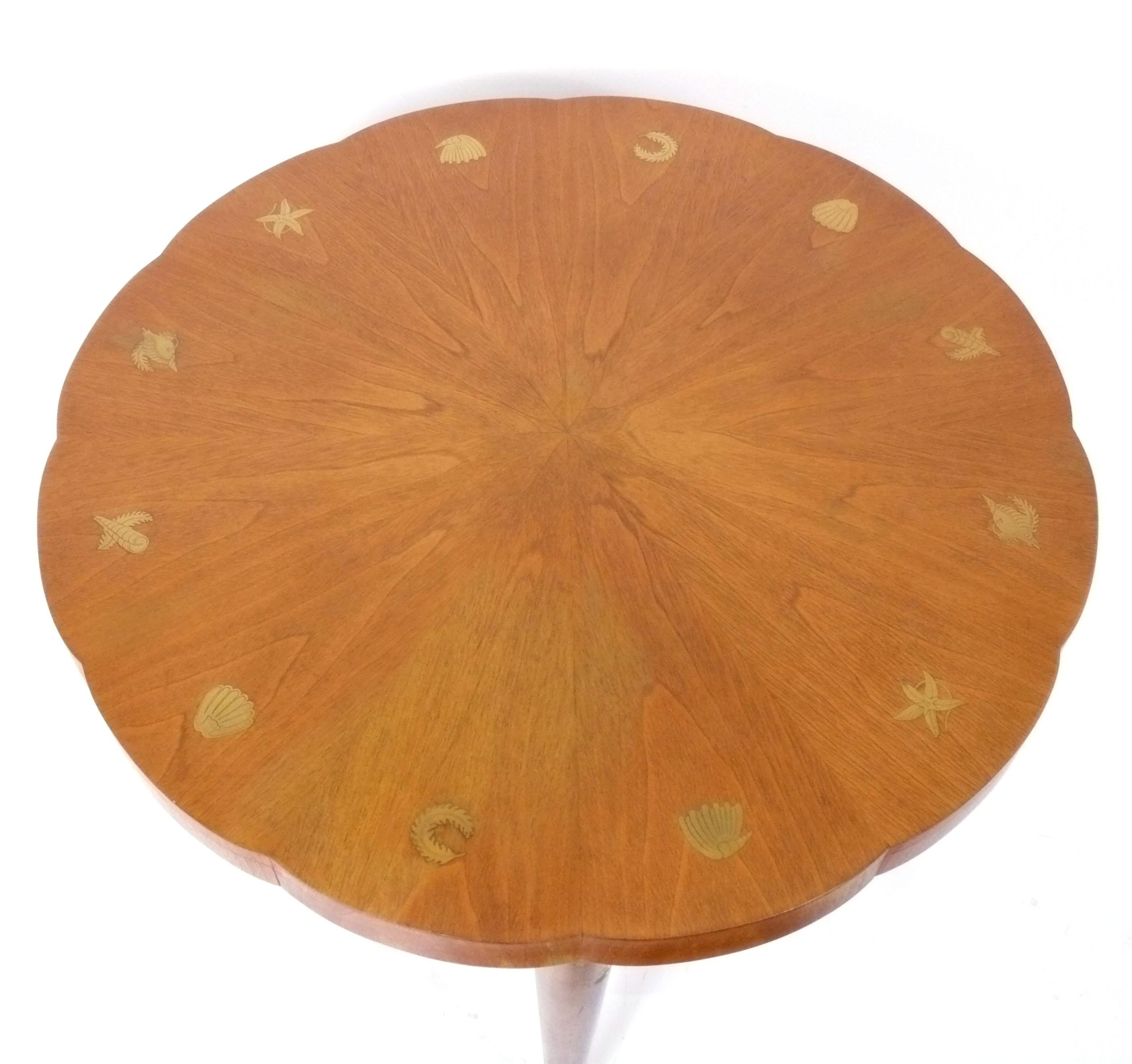 Italian Scalloped Walnut and Brass Inlaid Game Table, made by Vittorio Lombardi, Italy, circa 1950s. Gio Ponti has documented designs with Vittorio Lombardi, but we are unsure if this is a Ponti design. This table is currently being refinished and