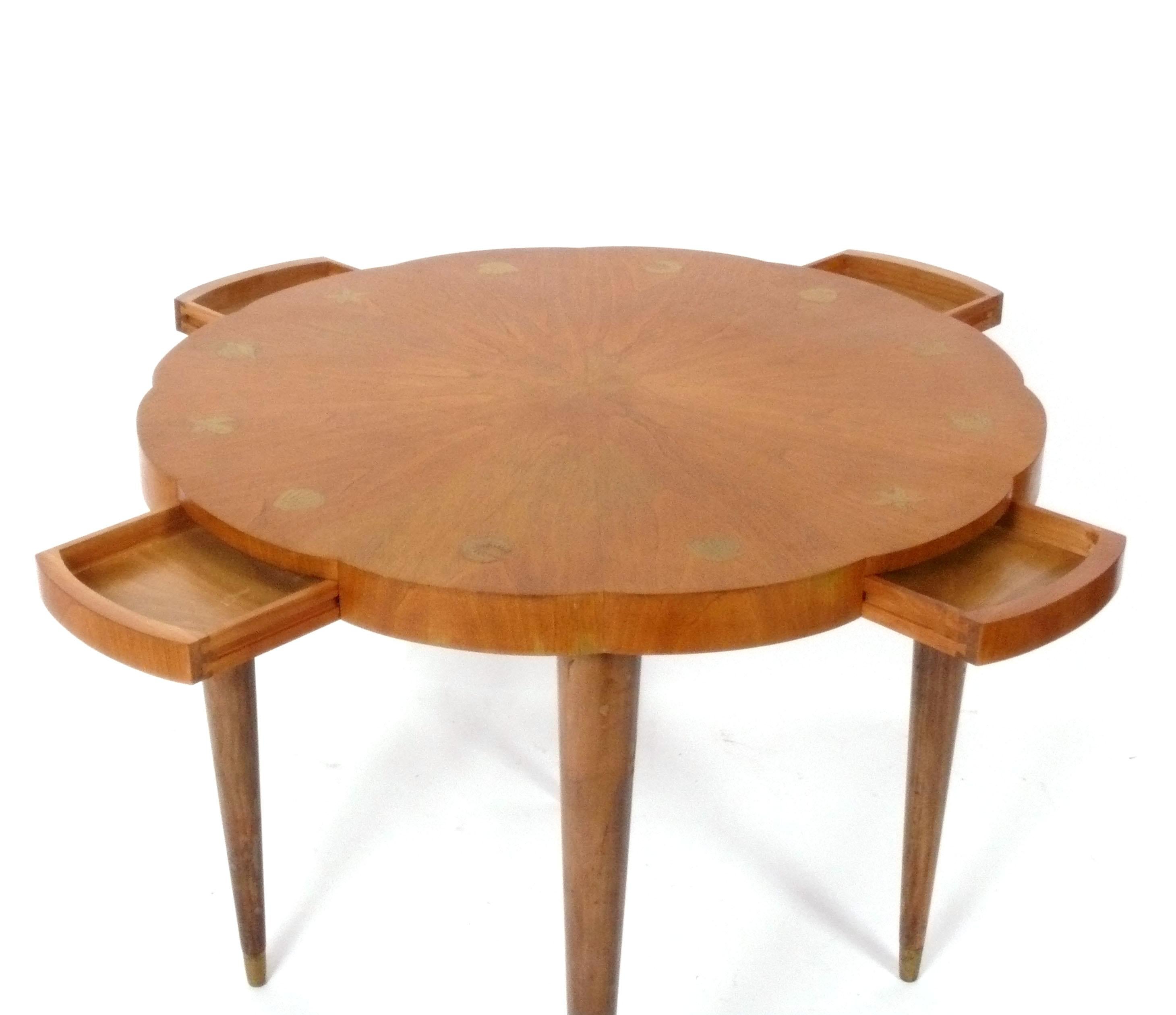 Mid-20th Century Italian Scalloped Walnut and Brass Inlaid Game Table by Vittorio Lombardi