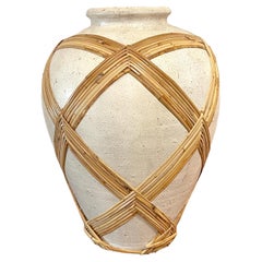 Italian 'Scava' Pottery with Woven Rattan Appliqué Umbrella Stand or Vase
