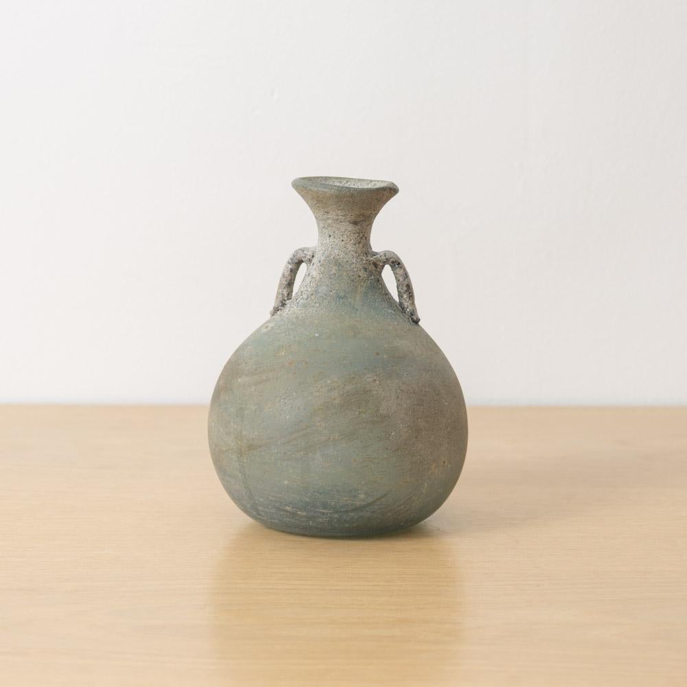 Vintage Italian Scavo amphora vase made of frosted glass. Beautiful deep green and grey coloring with small handles at neck. 