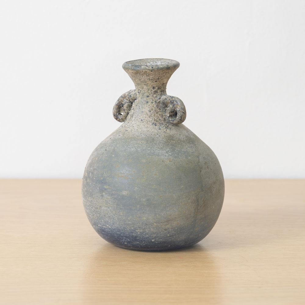 Great vintage Scavo vase from Italy, 1960s. Beautiful amphora form made of blown frosted blue glass with spiral glass side detail at neck. 