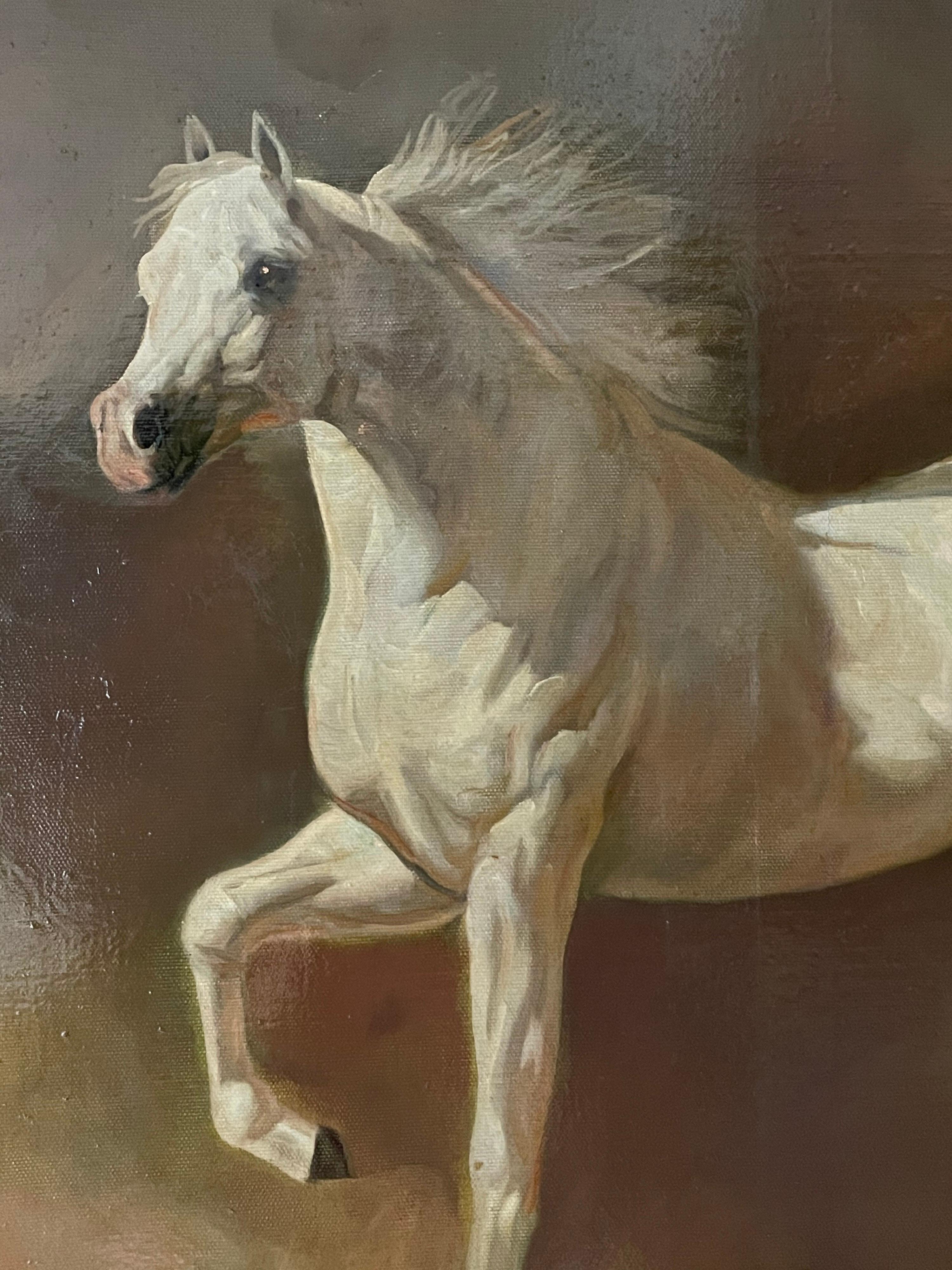 Huge White Grey Horse Oil Painting Arabian Stallion Horse neutral background 1