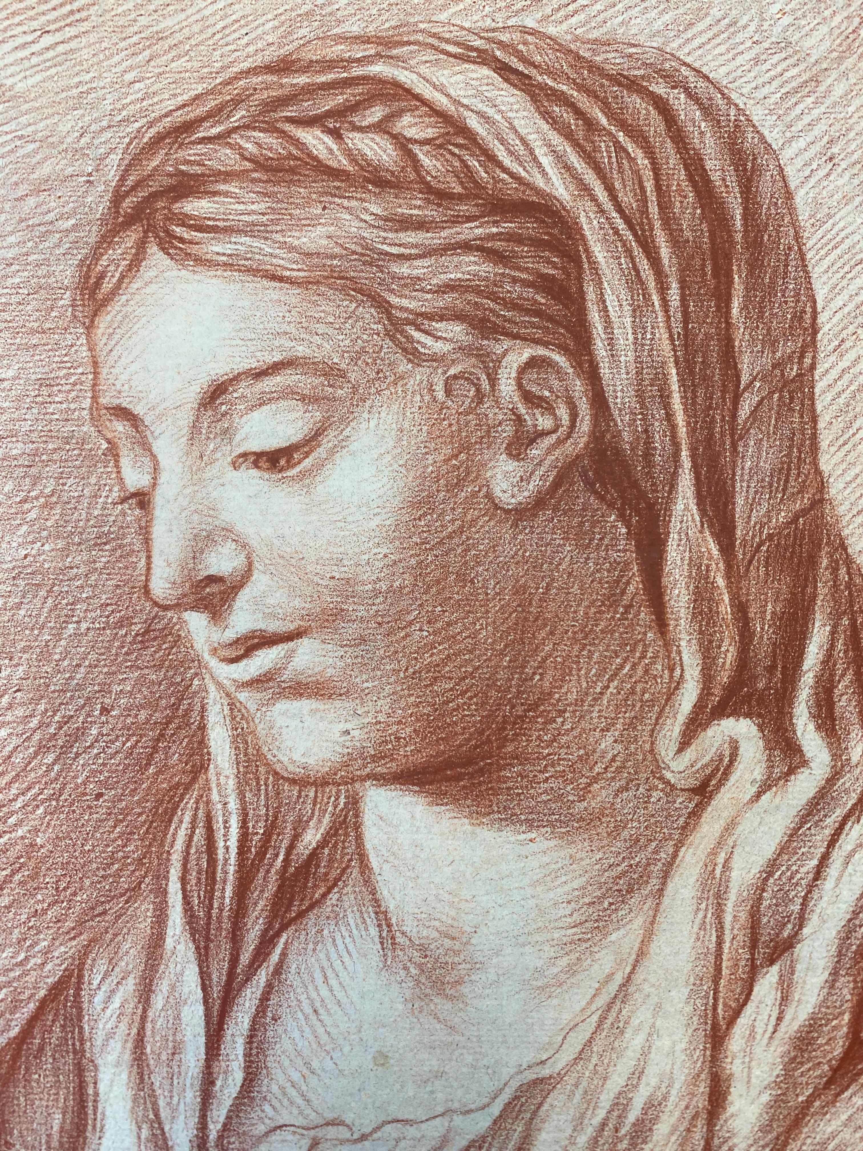 Italian Old Master Sanguine Chalk Drawing Young Lady portrait, Biblical - Painting by Italian School