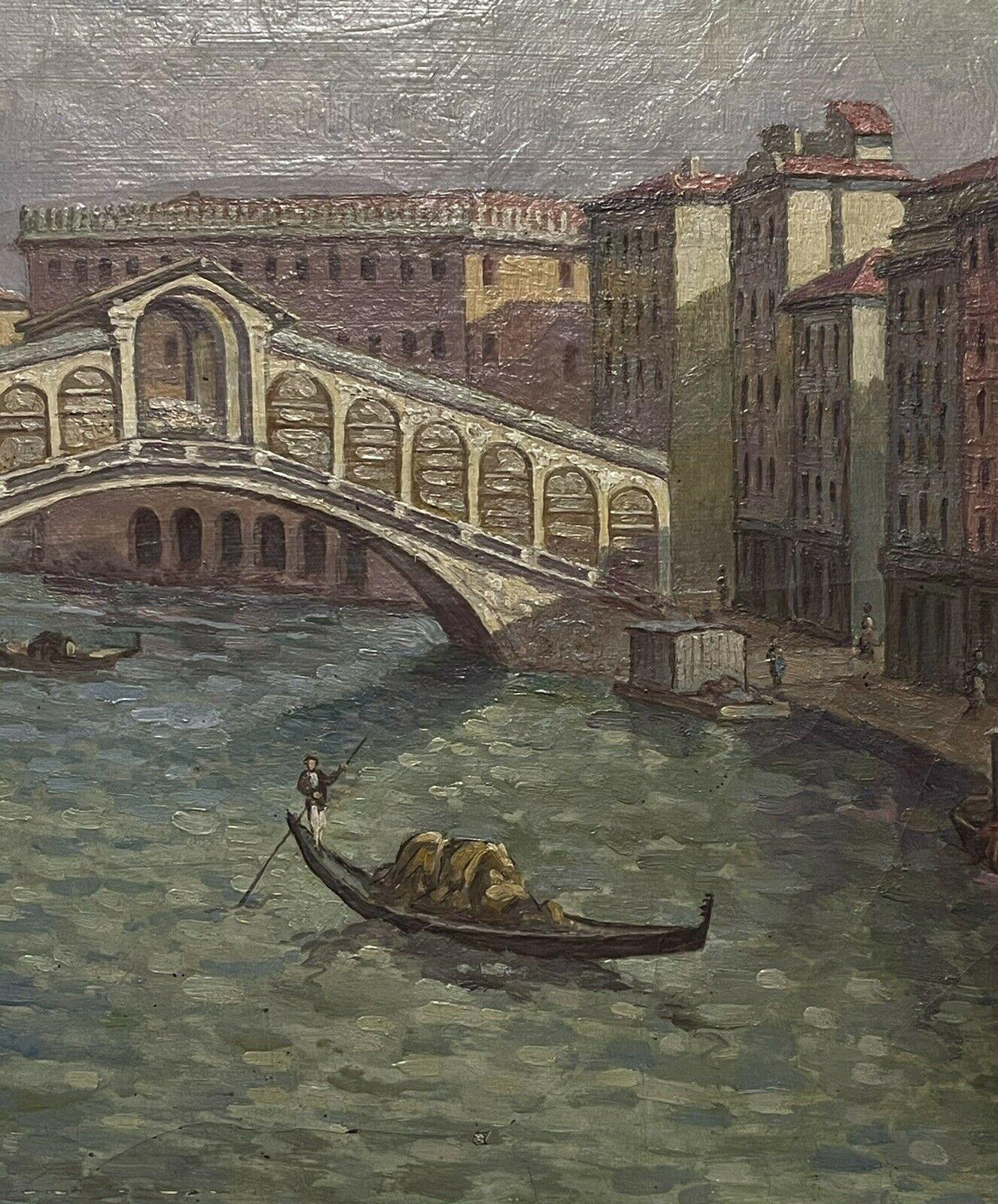 Rialto Bridge The Grand Canal Venice, signed mid century Italian Oil Painting - Gray Figurative Painting by Italian School