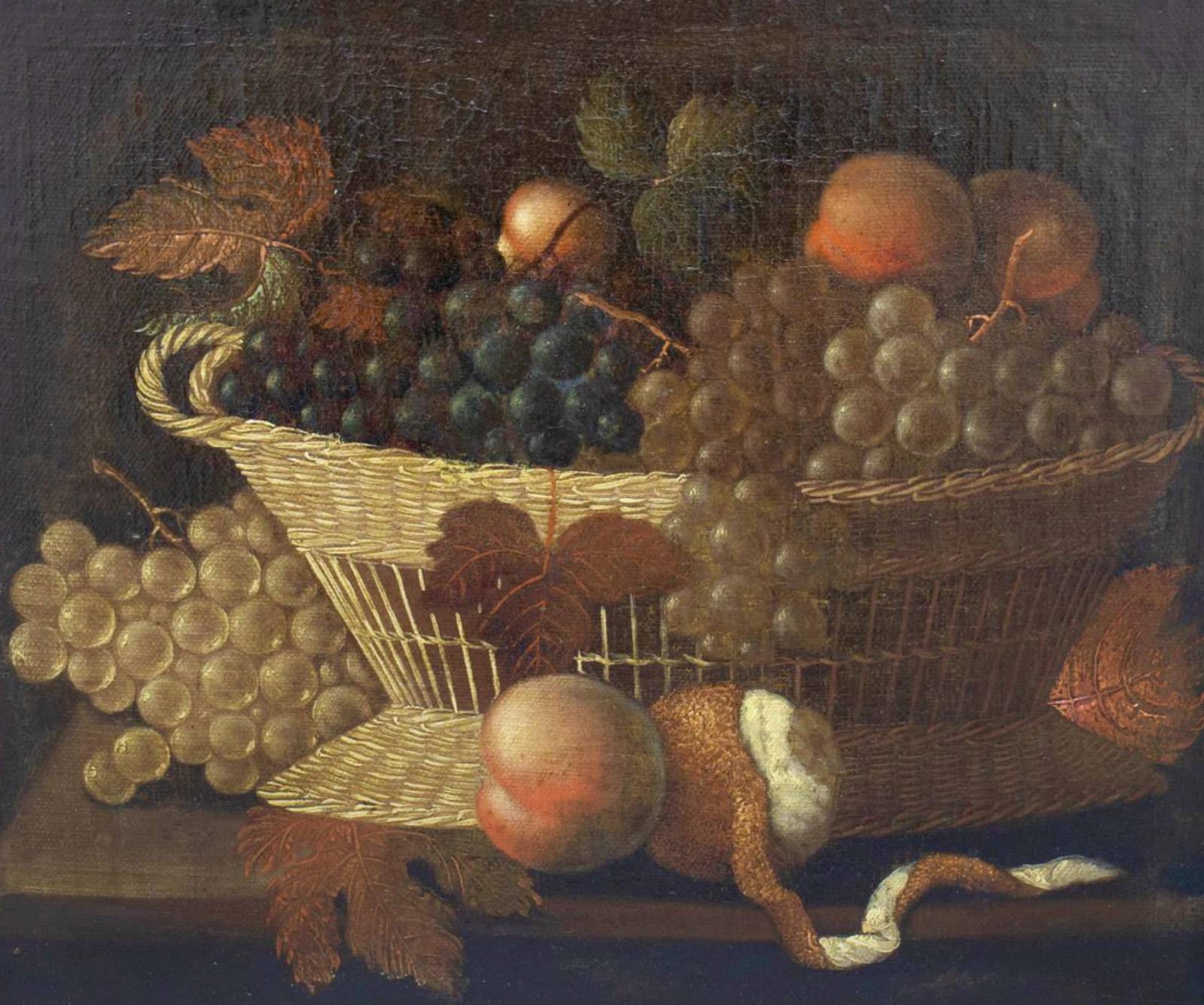 Italian School 17th century 'Still Life Grape Basket' 
Oil on canvas, framed, 
Without, dimensions: 38.5 x 34 cm, 
Frame 55 x 50 cm, 
Condition: good, relined, old restored.