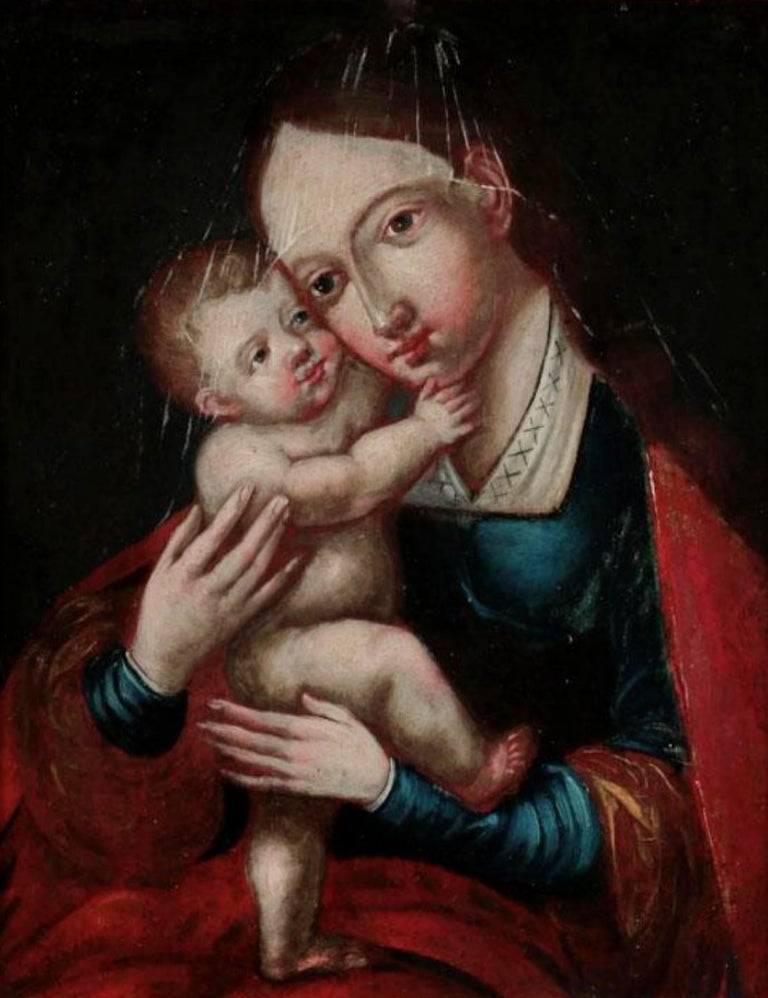Baroque Italian School 17th Century, Virgin with Child Oil on Wood