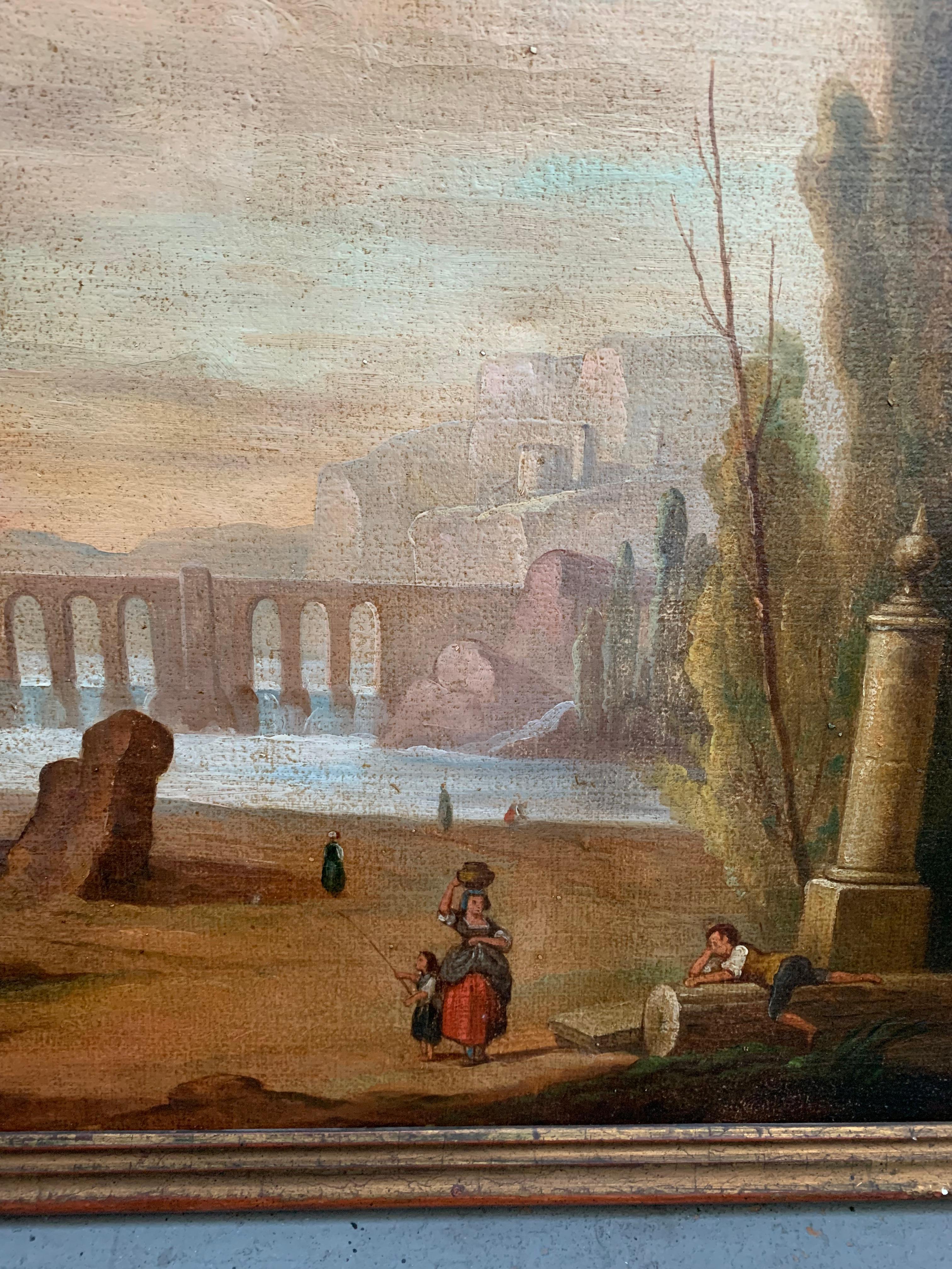 Italian School 18th Century Oil Painting of Roman Aqueduct And Ruins Landscape 1