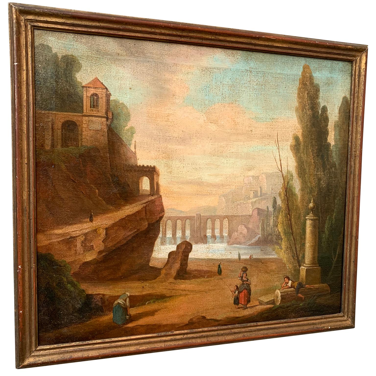 A 18th century oil painting on canvas representing an Italian aquedotto and ruins around Rome. Painting is illustrating working women and children playing in a romantic landscape by a lake.