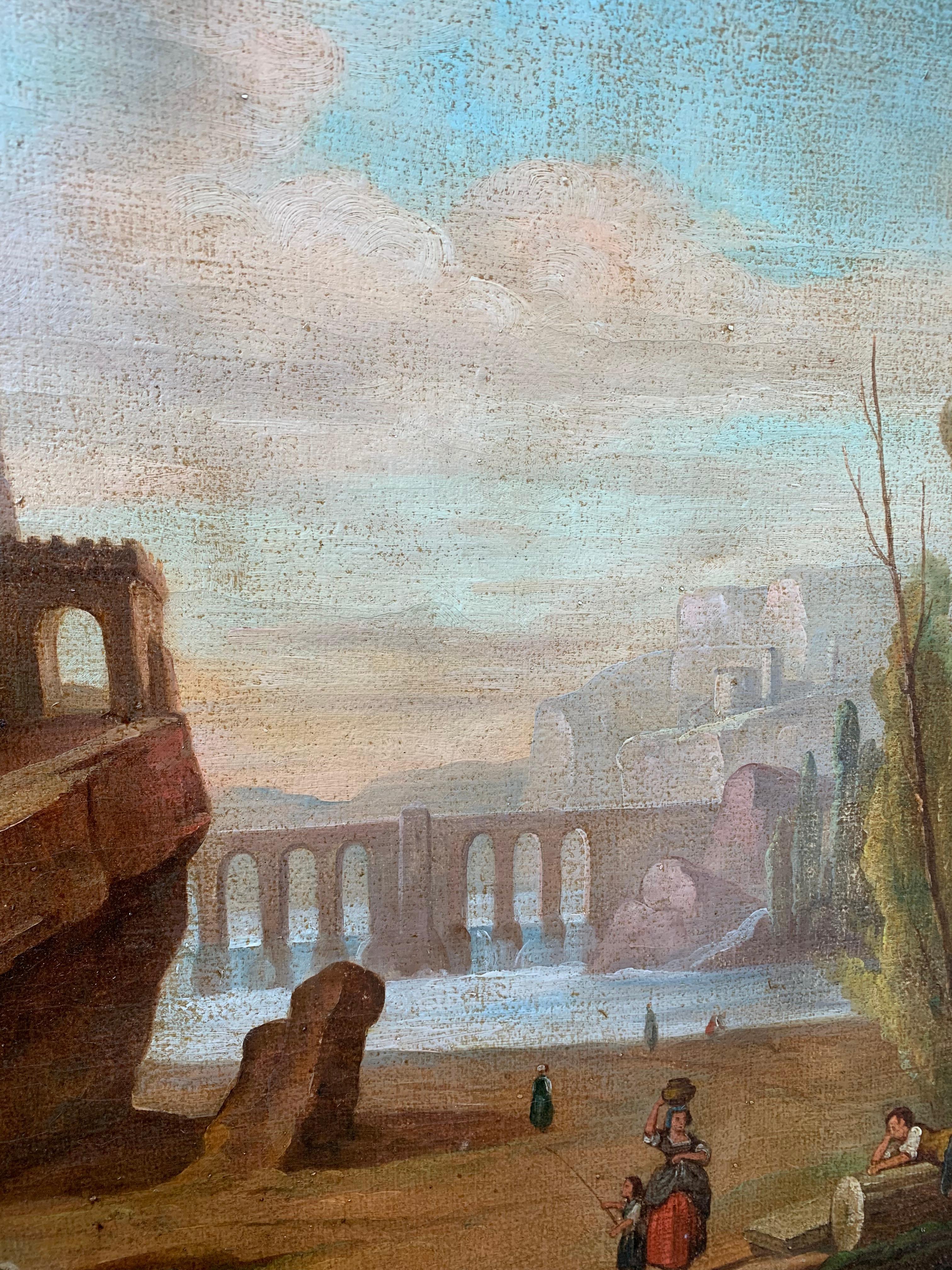 Rococo Italian School 18th Century Oil Painting of Roman Aqueduct And Ruins Landscape
