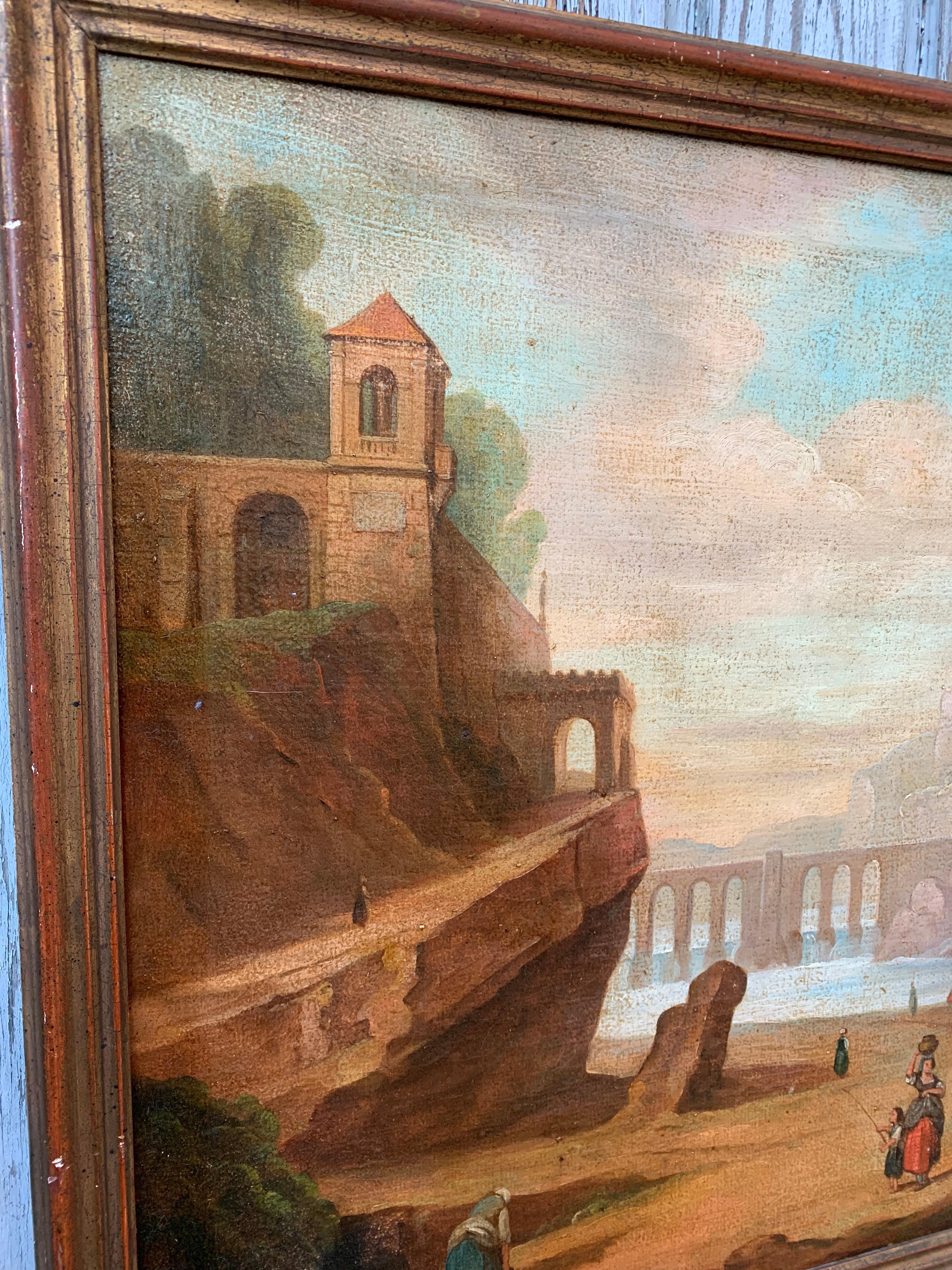 18th Century and Earlier Italian School 18th Century Oil Painting of Roman Aqueduct And Ruins Landscape
