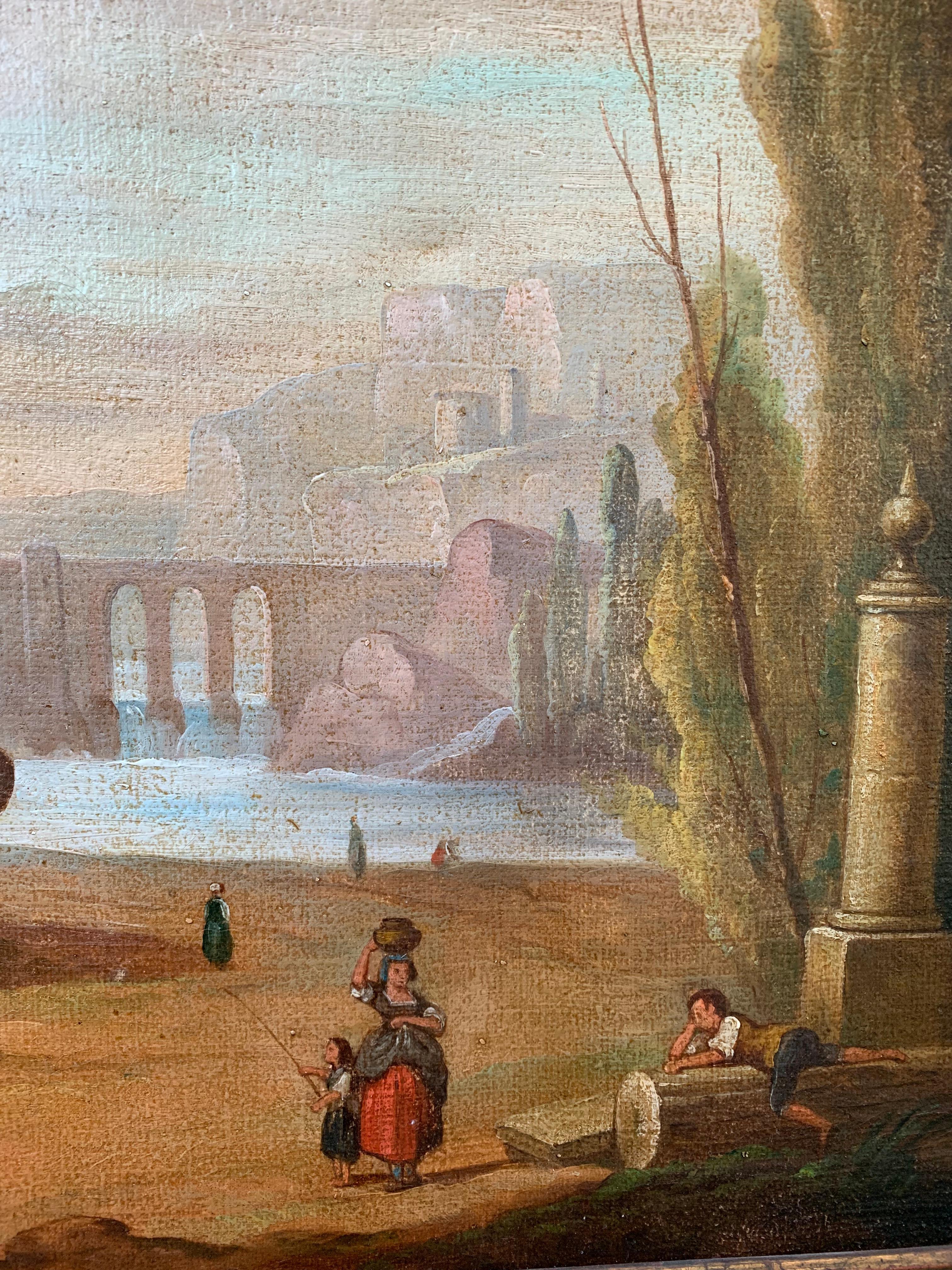 Italian School 18th Century Oil Painting of Roman Aqueduct And Ruins Landscape In Good Condition In Haddonfield, NJ