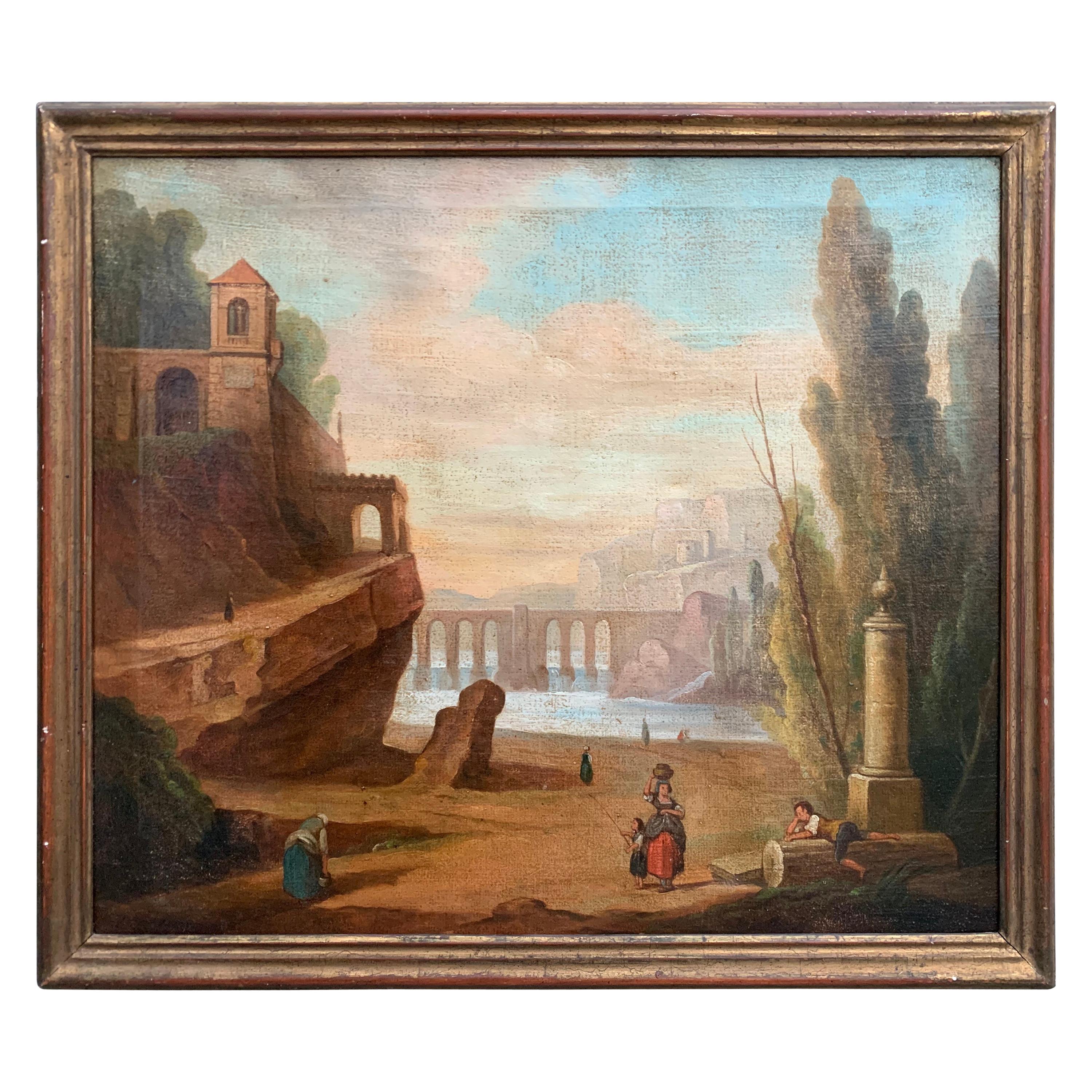 Italian School 18th Century Oil Painting of Roman Aqueduct And Ruins Landscape