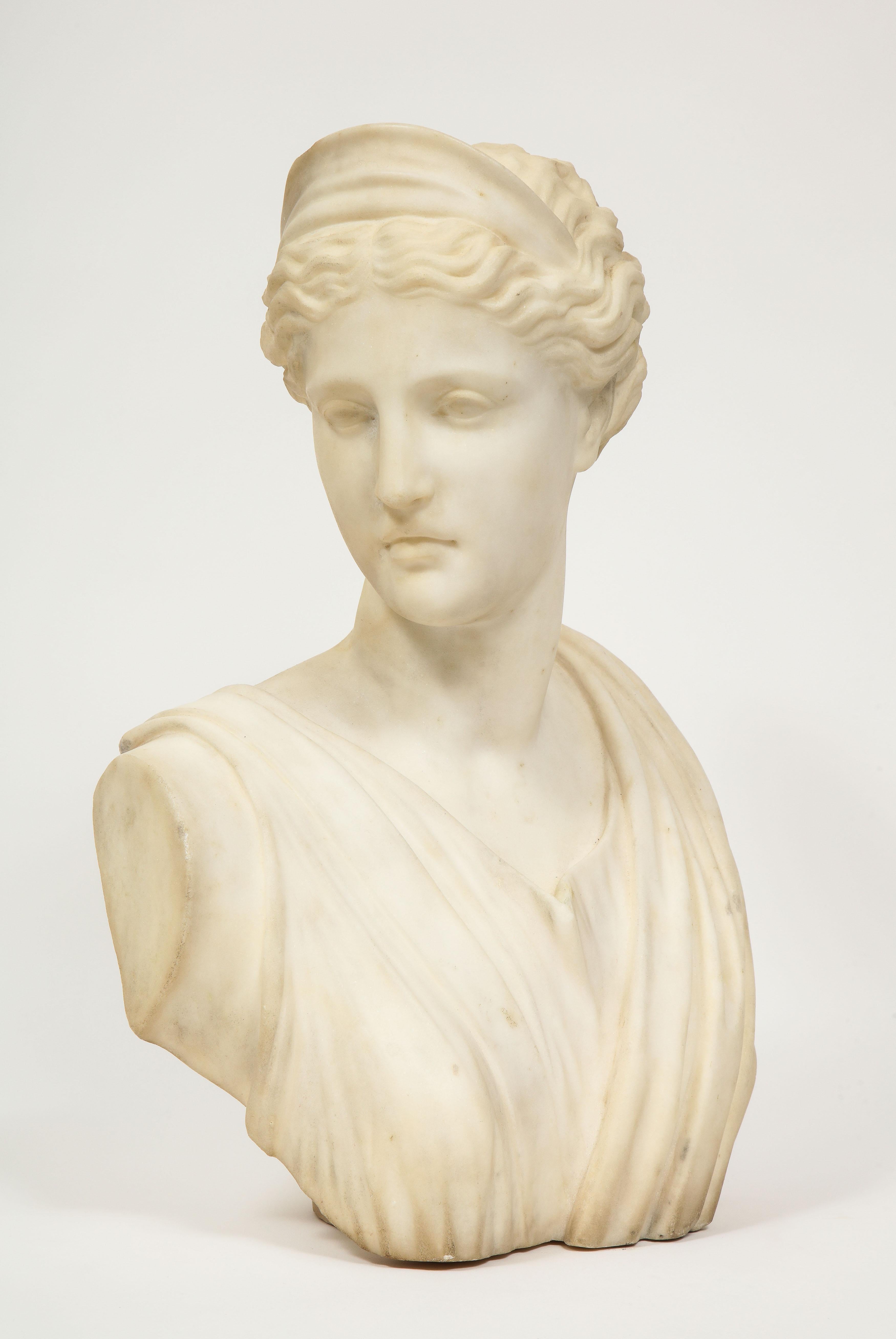 (Italian School, 19th century) a neoclassical white marble bust of Goddess Diana Artemis, circa 1870.

