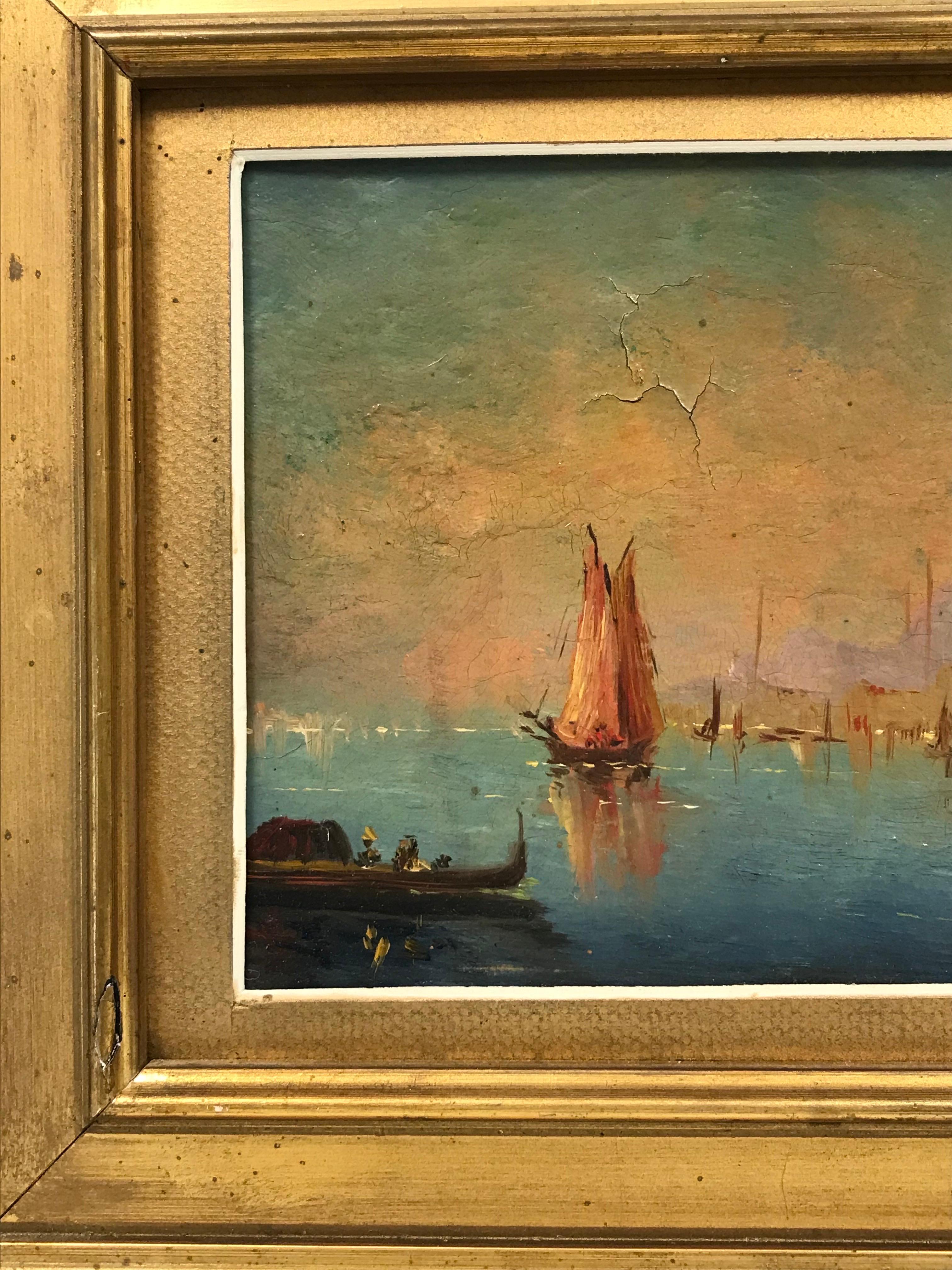 Ancienne peinture à l'huile italienne signée Paysage marin ensoleillé avec des bateaux à l'extérieur d'un port de ville - Victorien Painting par Italian School