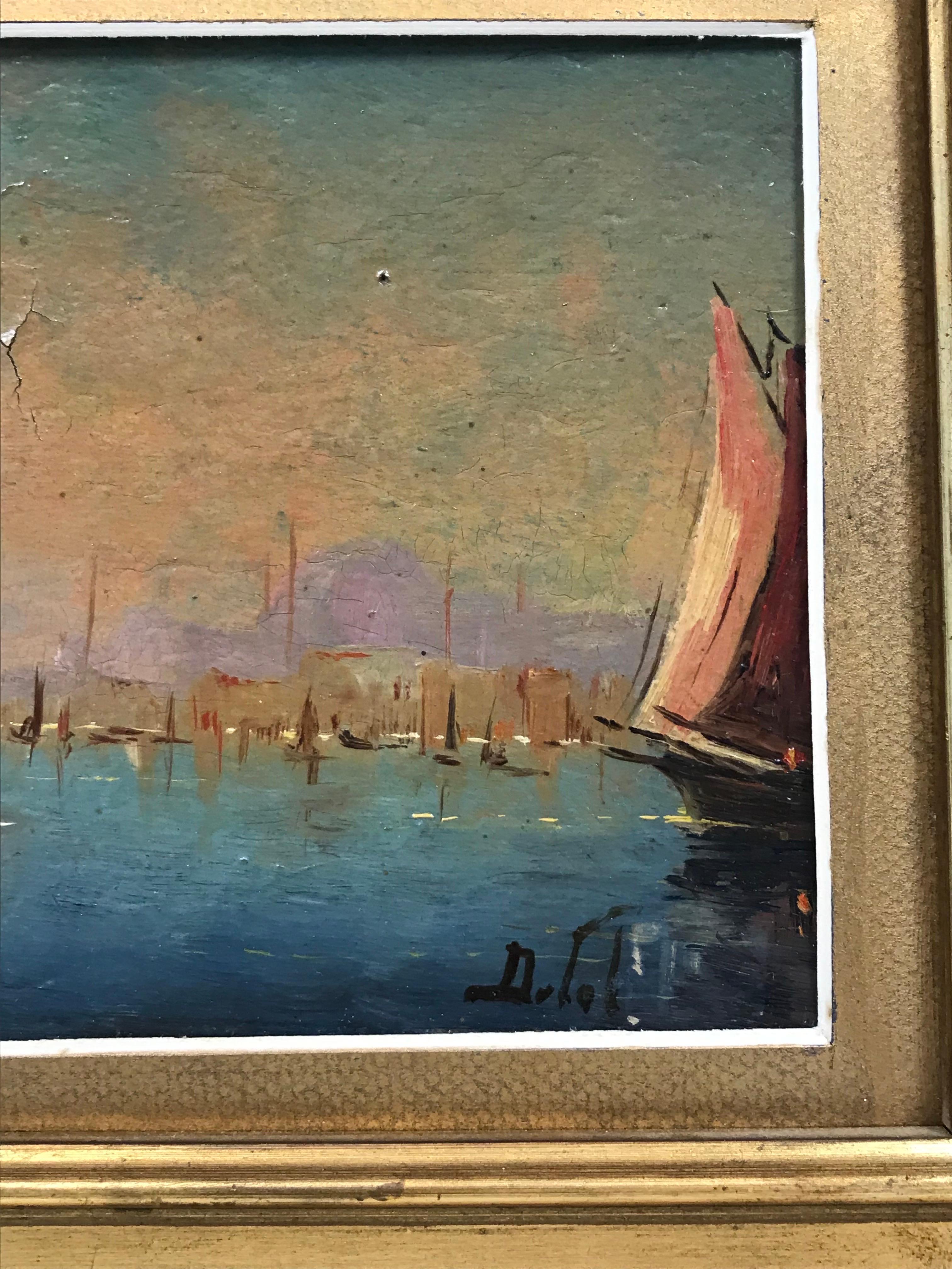 Ancienne peinture à l'huile italienne signée Paysage marin ensoleillé avec des bateaux à l'extérieur d'un port de ville - Marron Landscape Painting par Italian School