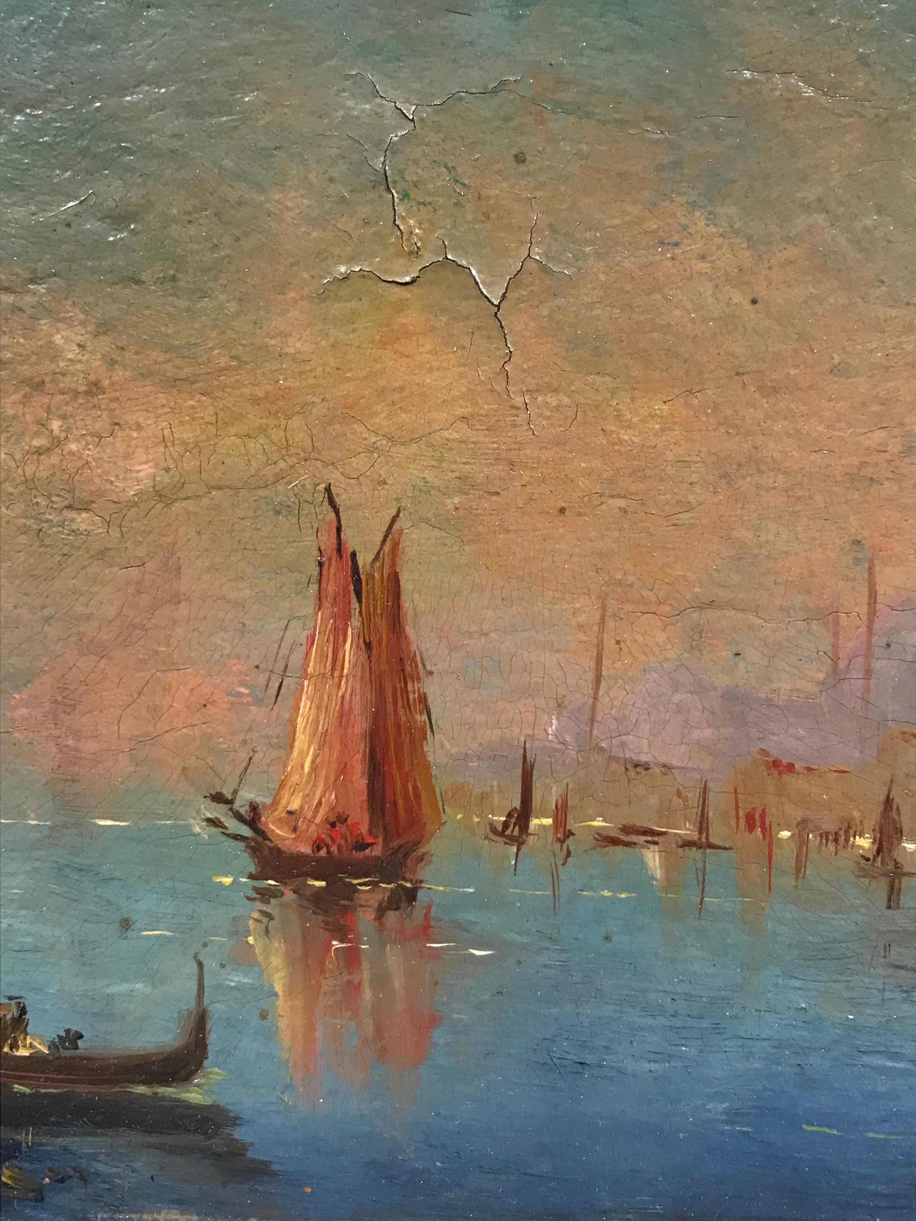 Artiste/École : École italienne, début du XXe siècle, signé indistinctement dans le coin inférieur droit.

Titre : Le port de la Méditerranée

Moyen :  huile sur carton, encadré

encadré : 10.75 x 13 pouces
planche : 6 x 7.75 pouces

Provenance :