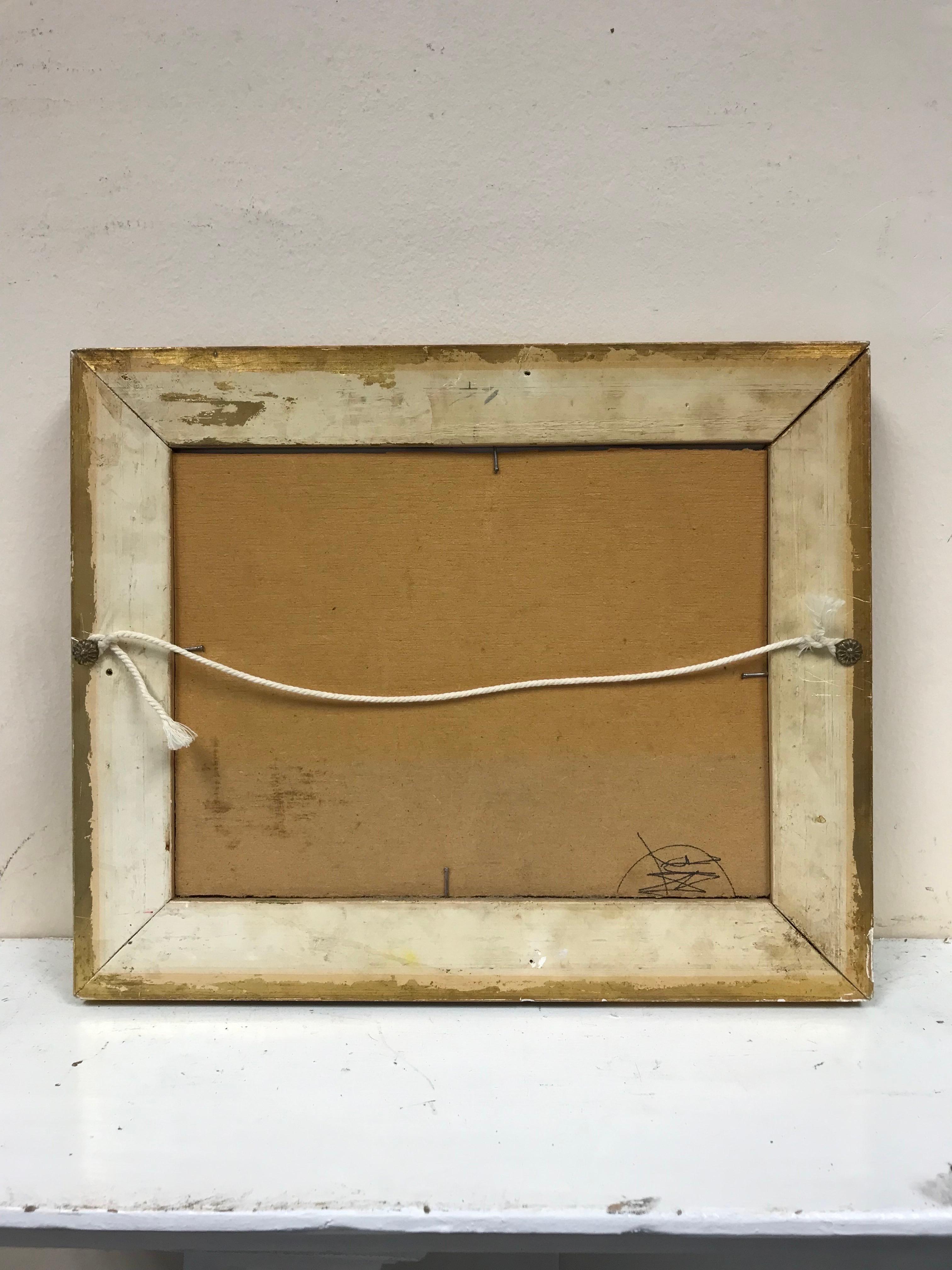 Ancienne peinture à l'huile italienne signée Paysage marin ensoleillé avec des bateaux à l'extérieur d'un port de ville 1