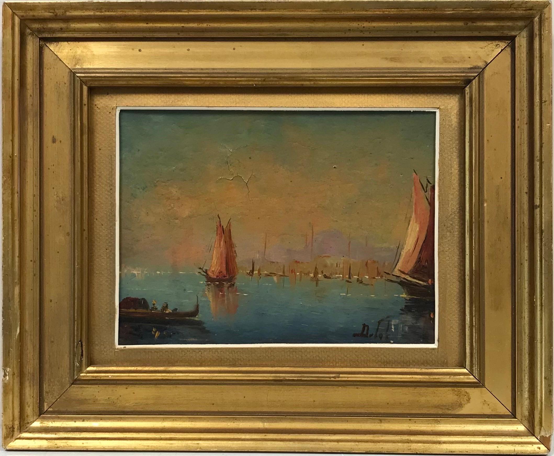 Landscape Painting Italian School - Ancienne peinture à l
huile italienne signée Paysage marin ensoleillé avec des bateaux à l
extérieur d
un port de ville