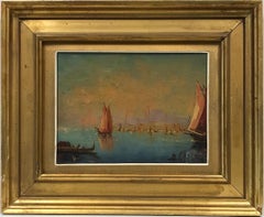 Antique Italian Signed Oil Painting Sunny Seascape with Boats outside City Port