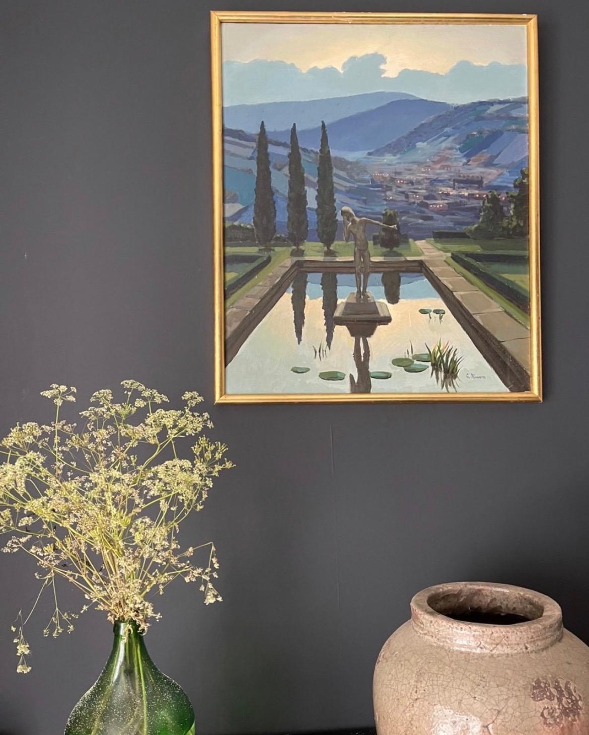 Tuscany Sunset Statue in Waterlily Pool overlooking Tuscan Hills - Signed Oil  - Painting by Unknown