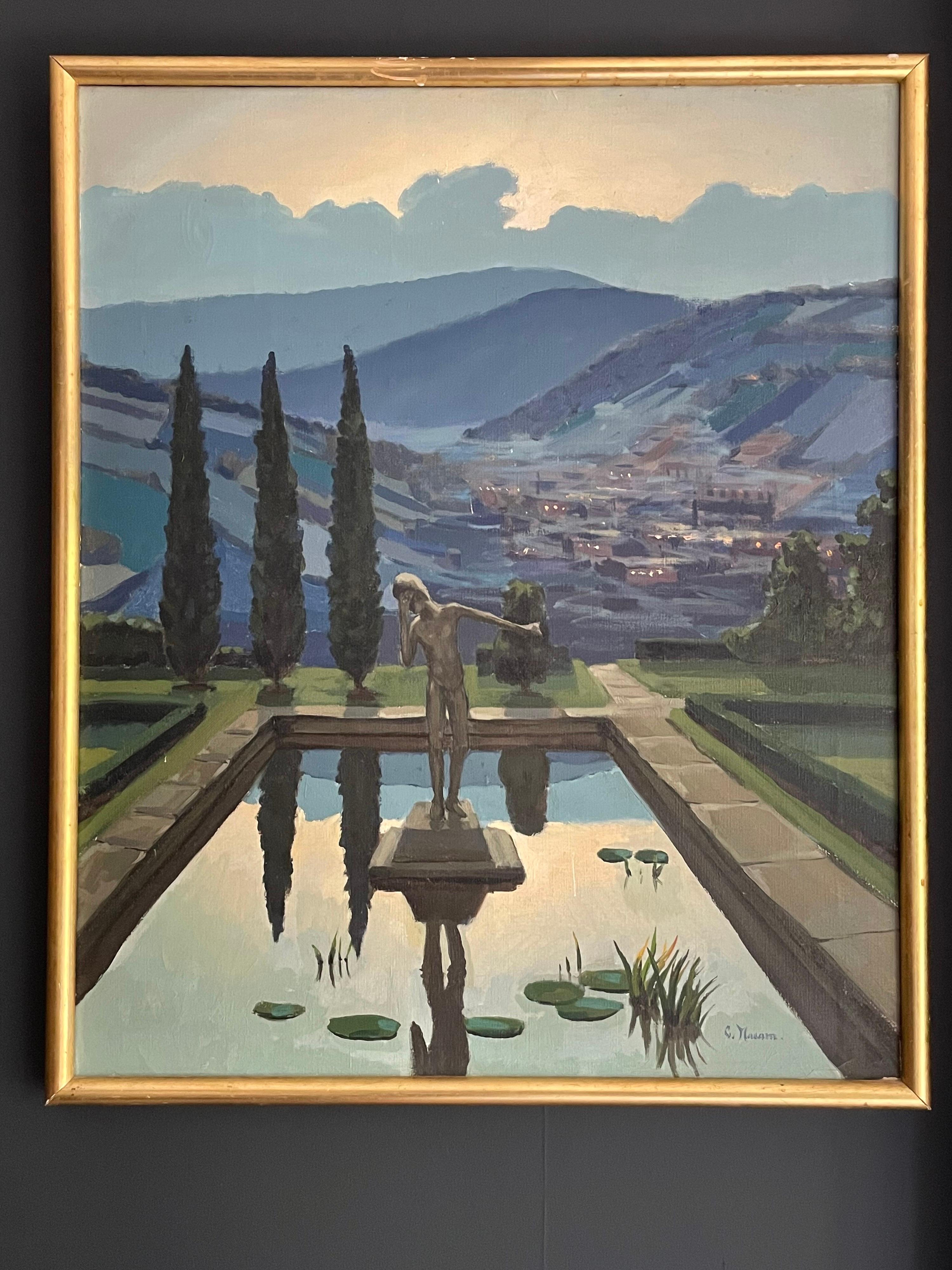 Statue de Toscane au coucher du soleil dans une piscine de nénuphars surplombant les collines de Toscane - Huile signée  - Impressionnisme Painting par Unknown