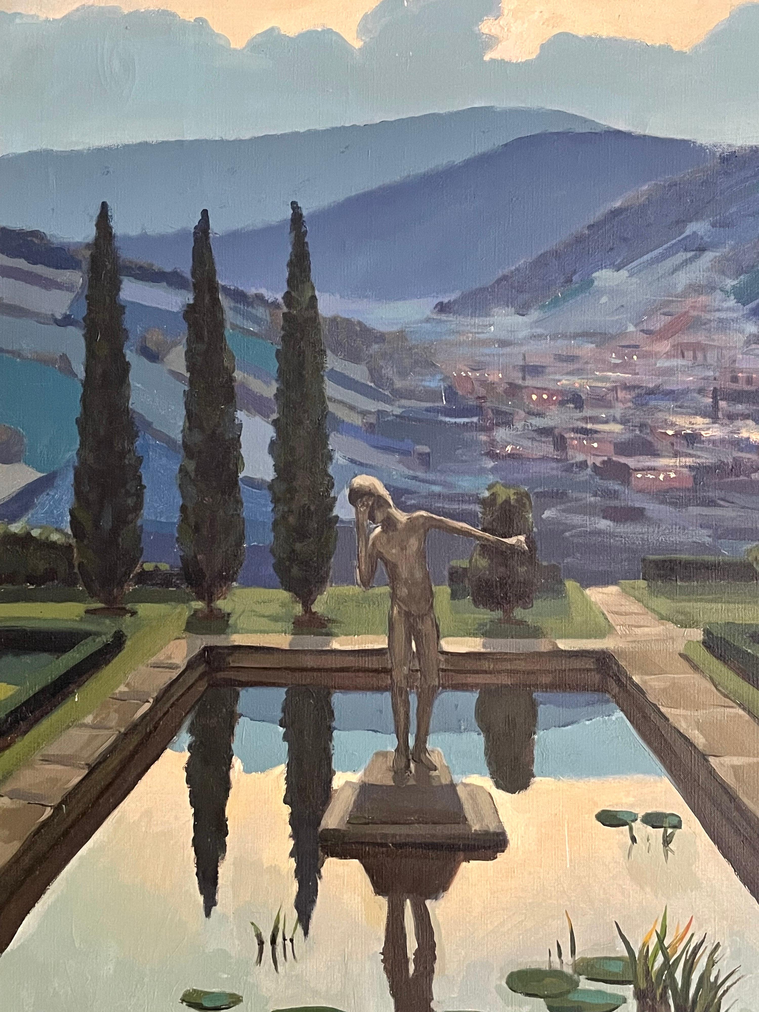 Statue de Toscane au coucher du soleil dans une piscine de nénuphars surplombant les collines de Toscane - Huile signée  - Gris Still-Life Painting par Unknown