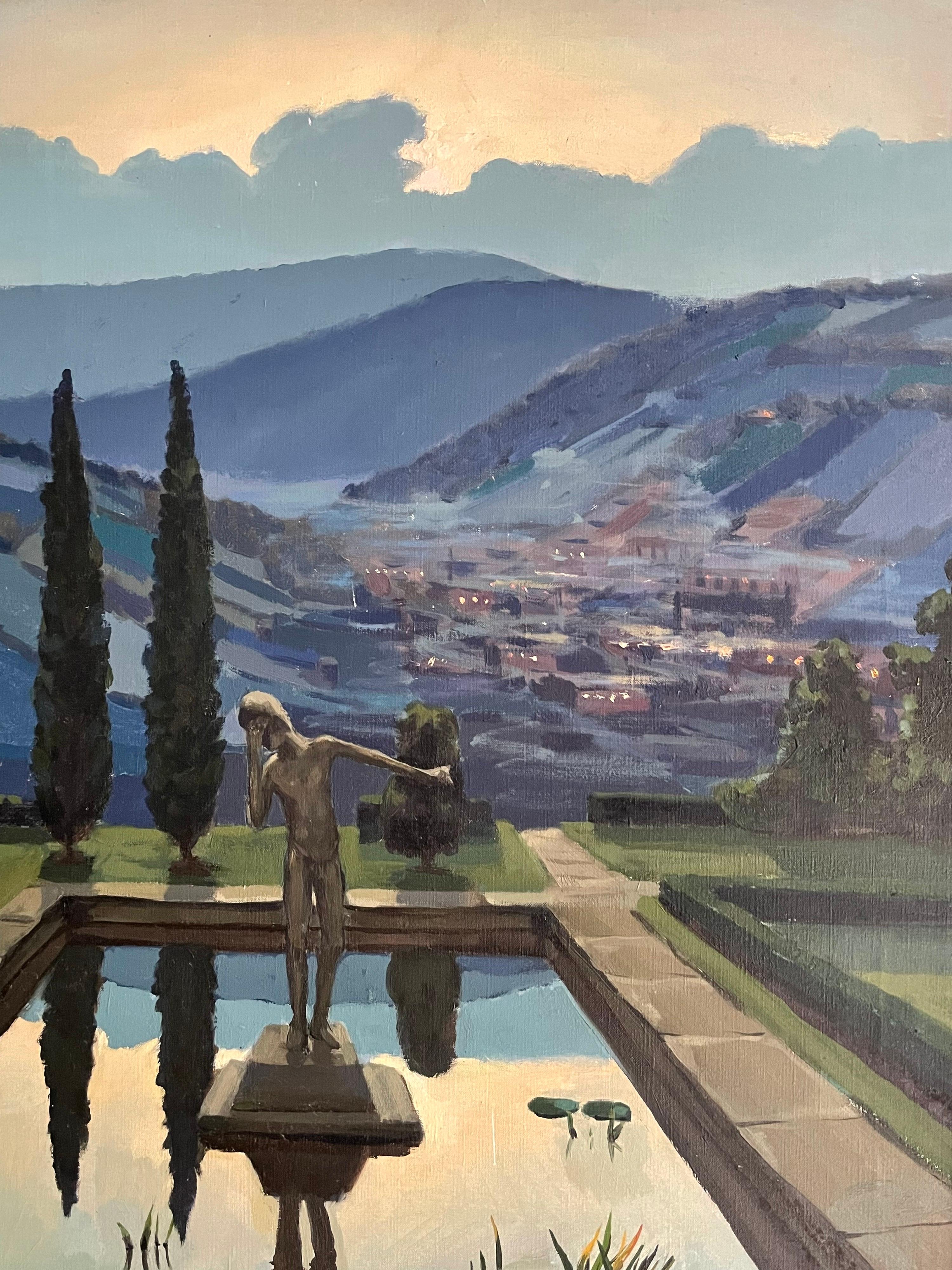 Statue de Toscane au coucher du soleil dans une piscine de nénuphars surplombant les collines de Toscane - Huile signée  en vente 2