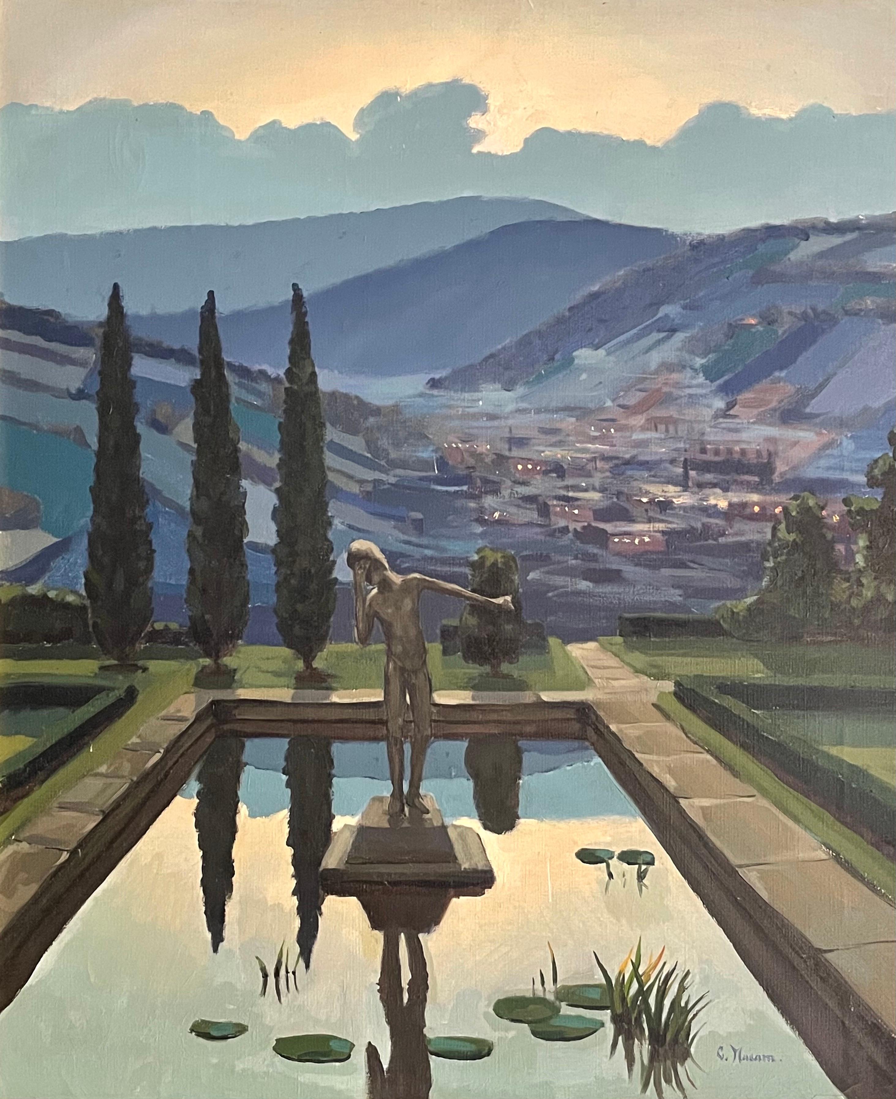 Still-Life Painting Unknown - Statue de Toscane au coucher du soleil dans une piscine de nénuphars surplombant les collines de Toscane - Huile signée 