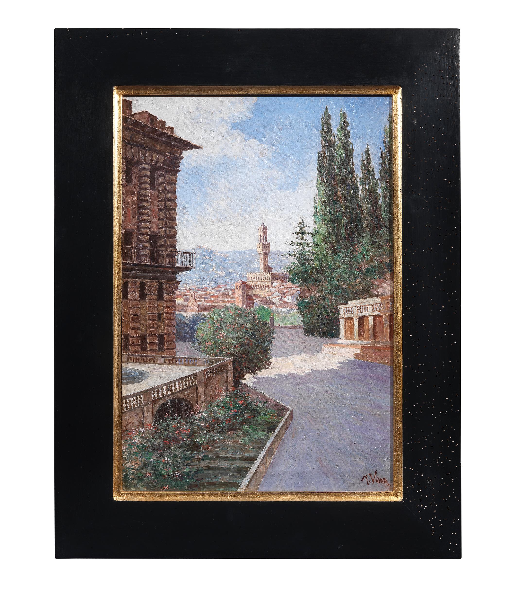 SHIPPING POLICY:
No additional costs will be added to this order.
Shipping costs will be totally covered by the seller (customs duties included). 

A view of the Pitti Palace, Florence, with the Palazzo Vecchio
oil on canvas
Measures: 46cm x 32cm.