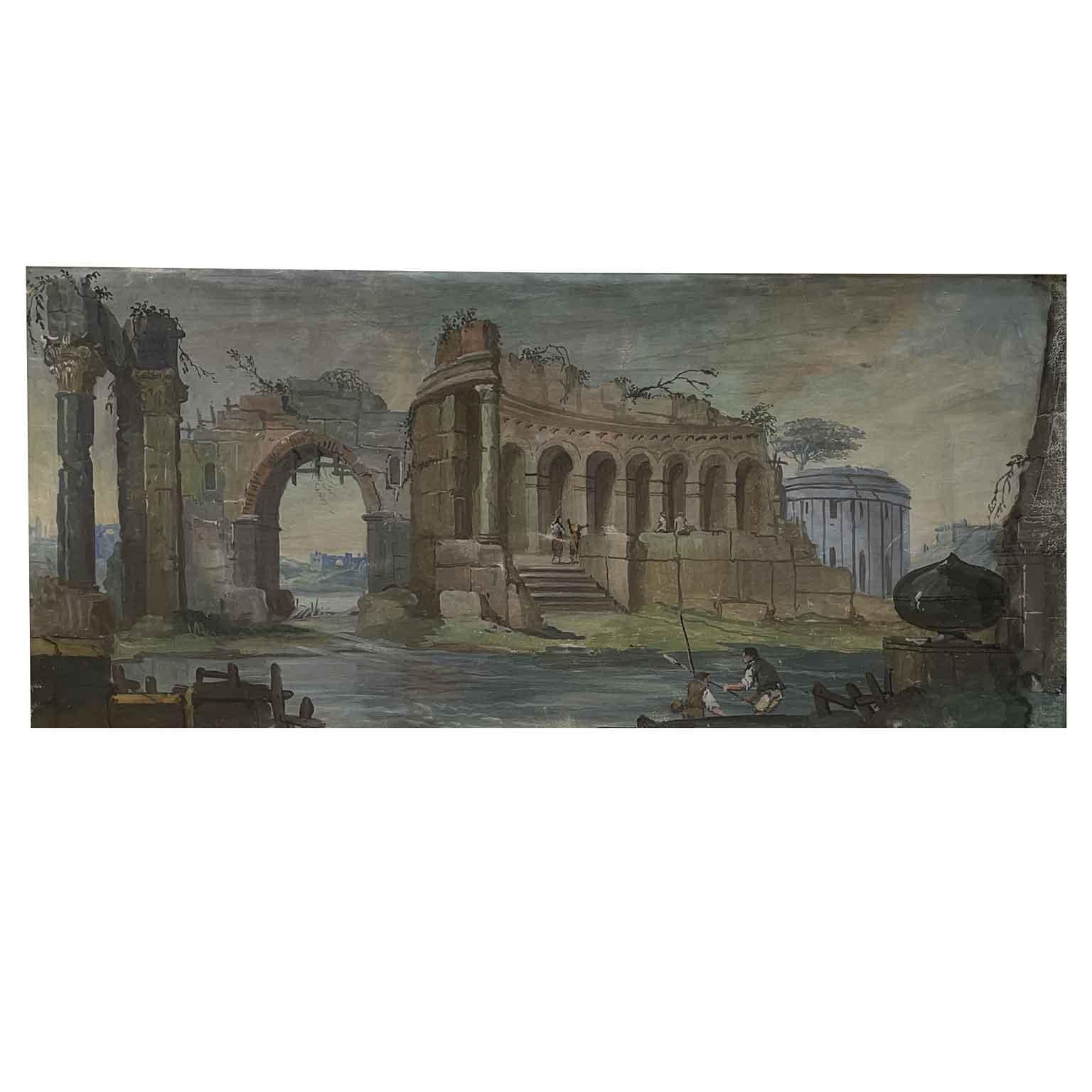 Pair of architectural fantasies with ruins and classical figures, two very decorative Italian Capriccio, Caprices idealized landscapes featuring a gray-blue tempera color on canvas, realized in Italy in the first half of 20th century,  set in pale