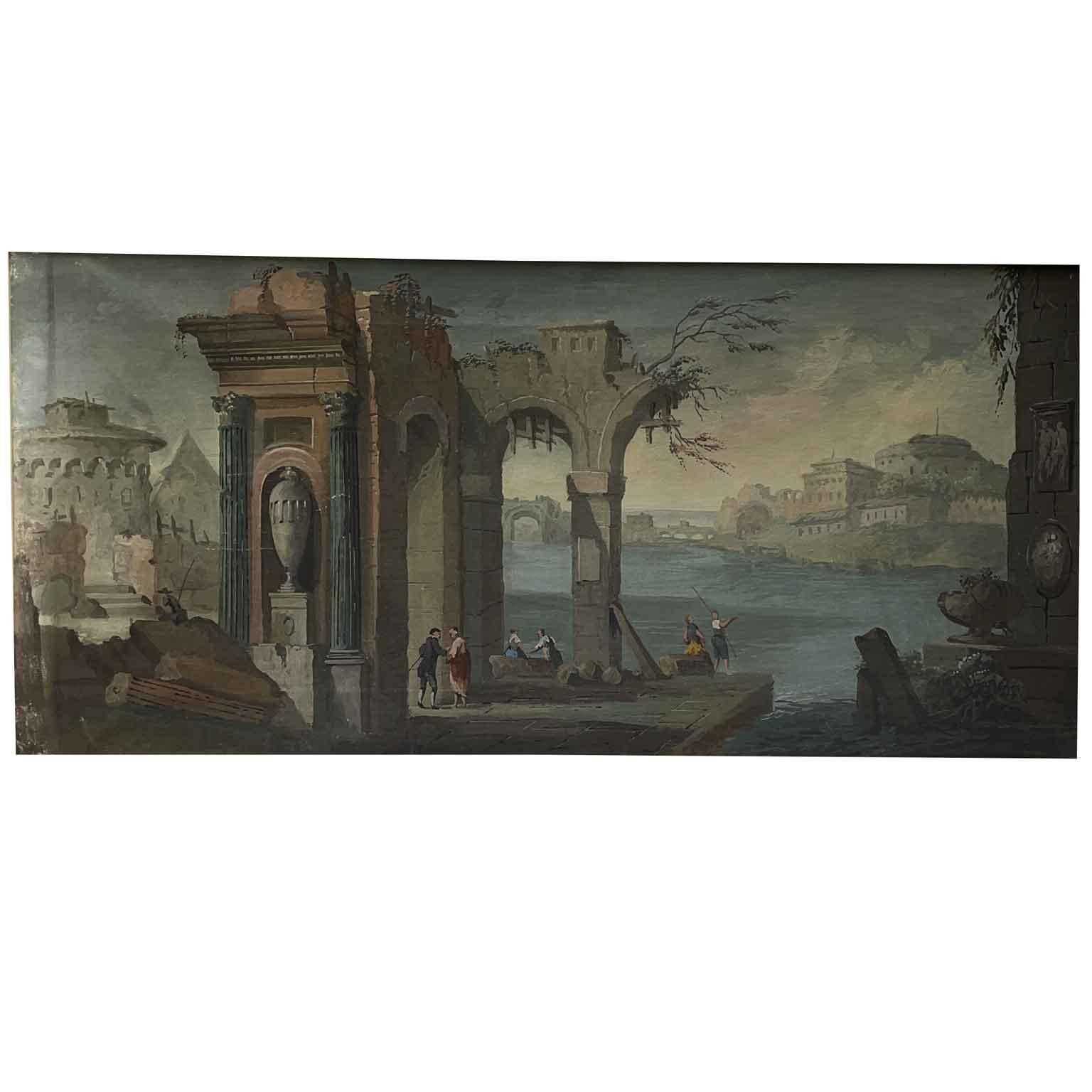 Classical Roman Pair of Italian Capriccio 20th Century Landscape Paintings Green Frames