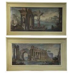 20th Century Italian School Pair of Landscapes with Classic Ruins Green Frames