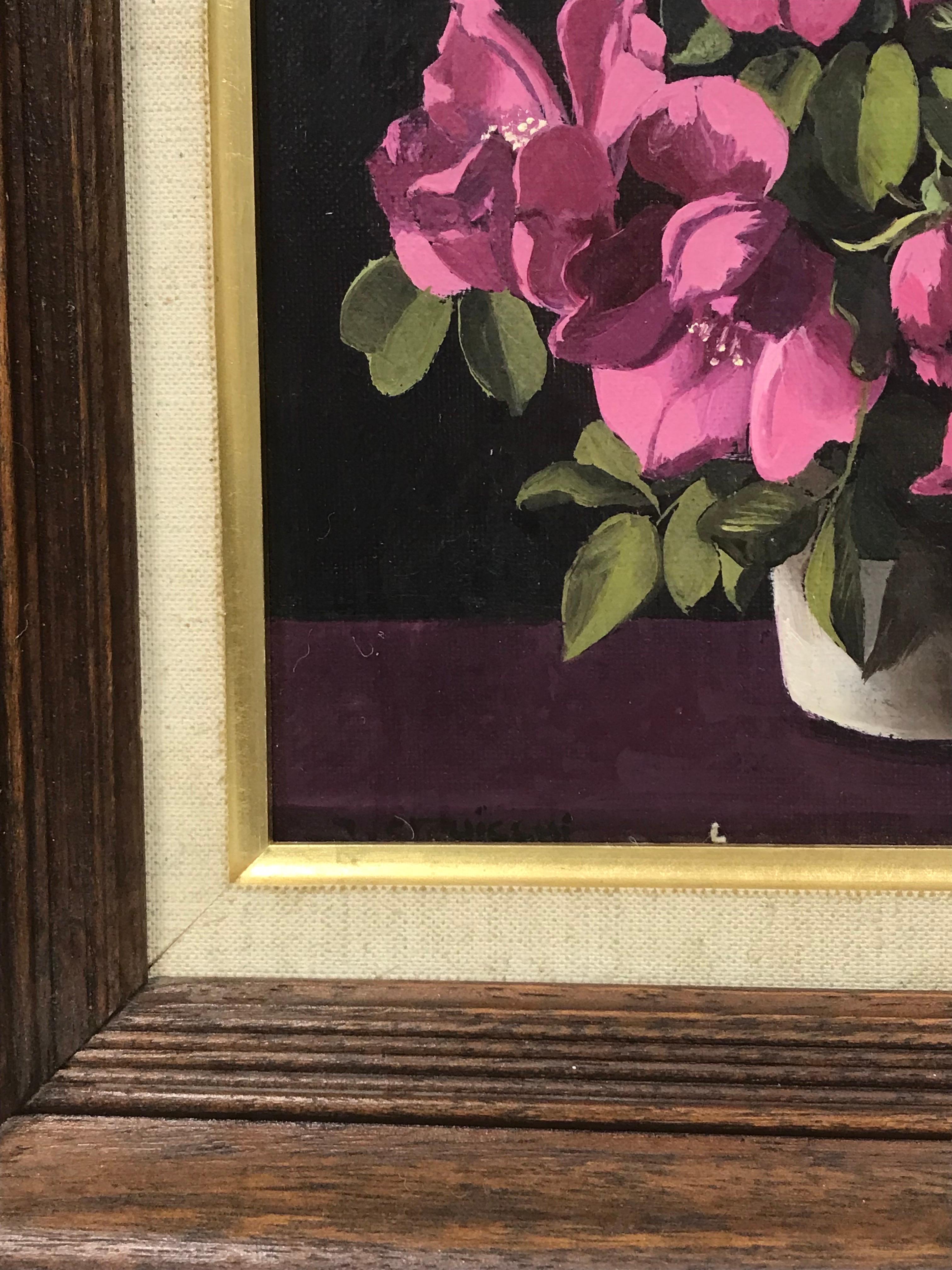 Artist/ School: Italian School, signed lower left, second half 20th century

Title: Lilac/ purple coloured flowers in an interior; their shape and color further enhanced by the darker background. 

Medium: oil painting on canvas, framed